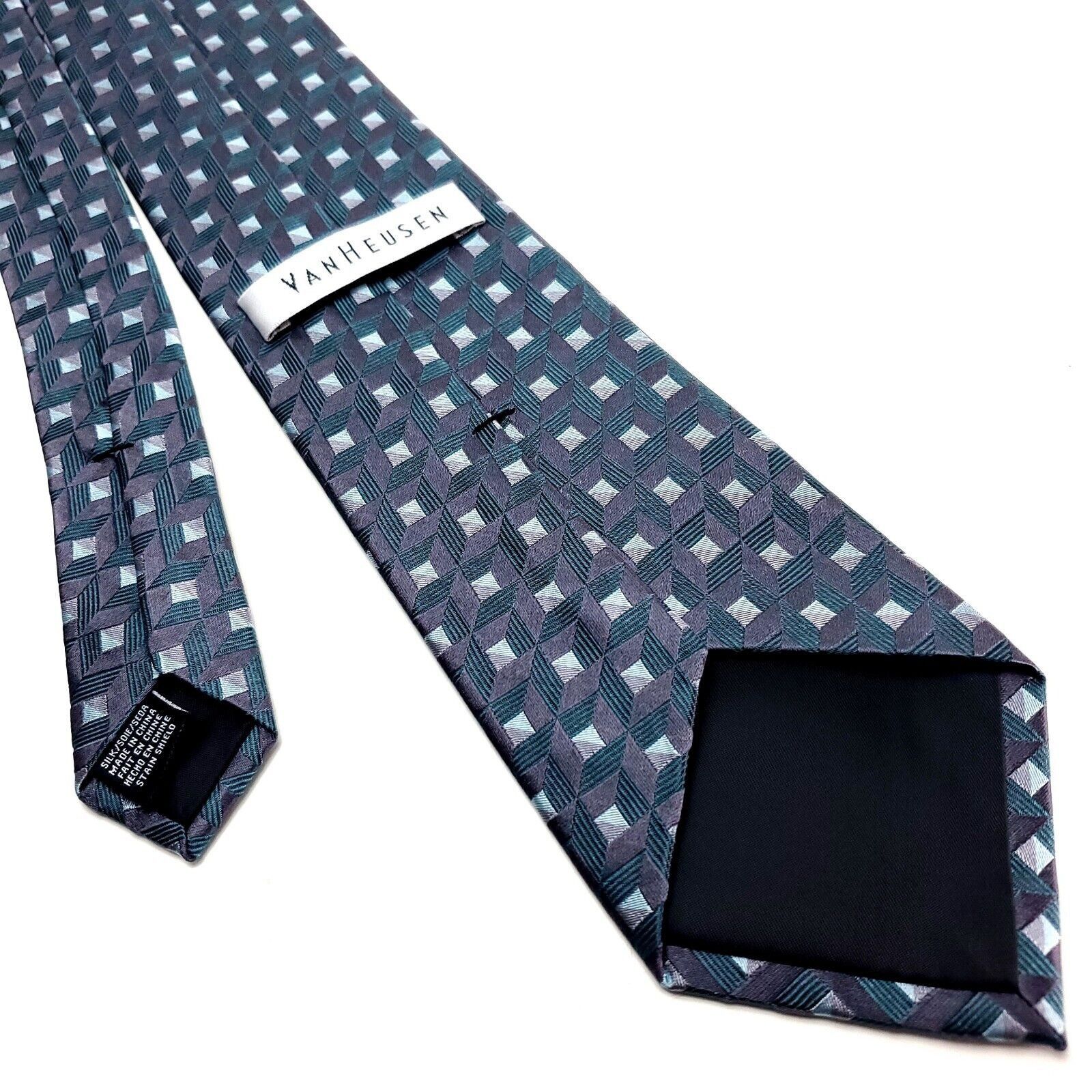 Van Heusen Van Heusen Purple & Teal Silk Tie Woven Geometric Check Size ONE SIZE - 3 Thumbnail