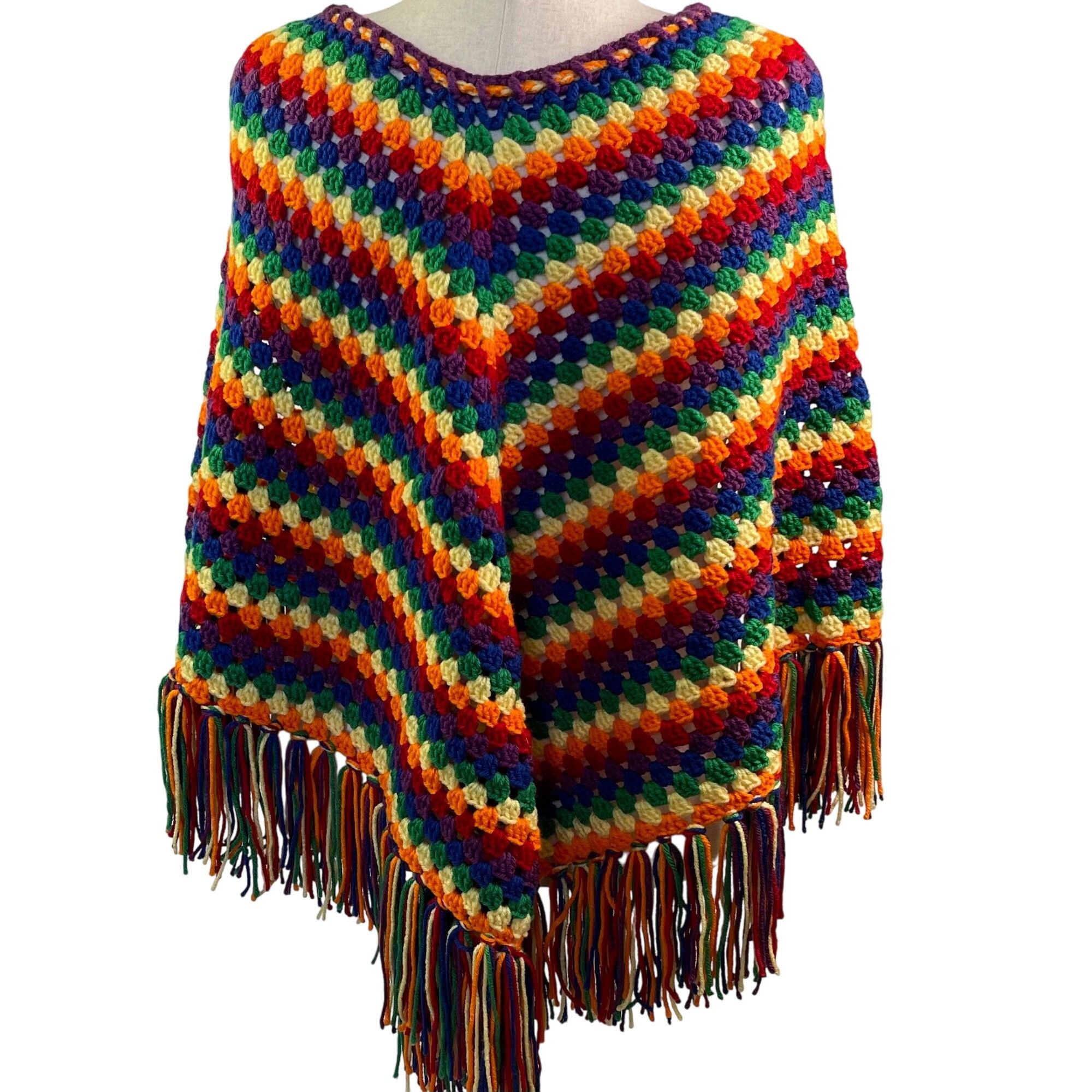 Handmade Crochet Poncho Fringed Rainbow Color Granny Square Stitch Un Size ONE SIZE - 4 Thumbnail