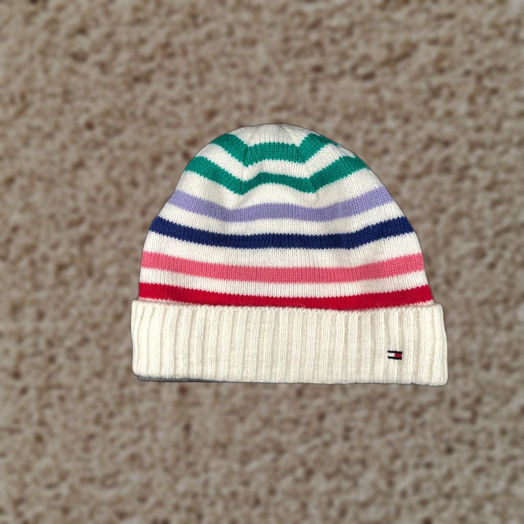 Tommy Hilfiger Tommy Hilfiger Beanie Hat One Size White Stripe Knit Acrylic Poly Lined Women Beanie Adjustable Lined Logo Winter Outdoor Ski Mens Womens Size ONE SIZE - 1 Thumbnail