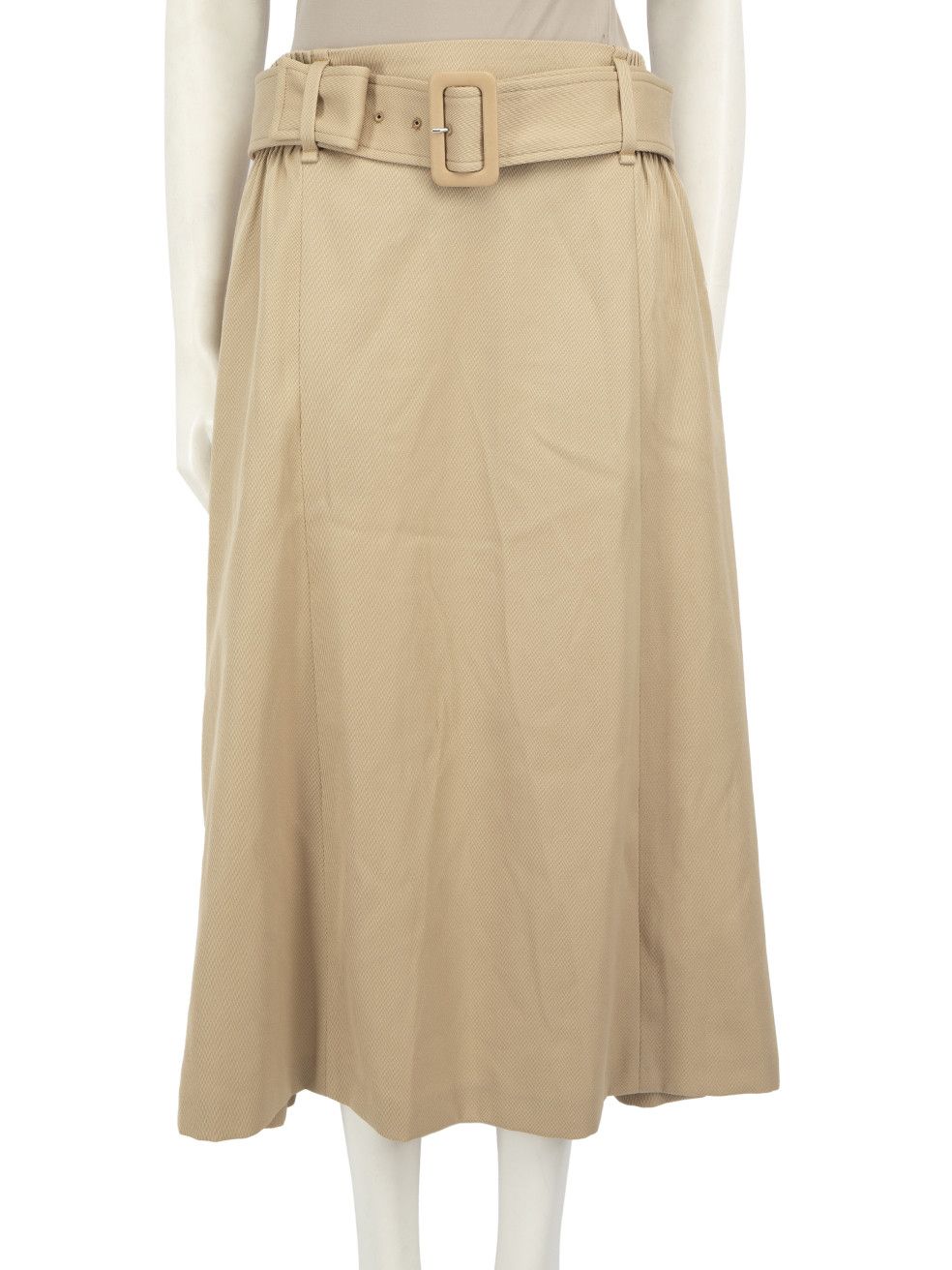 Beige Wool Belted Midi Skirt
