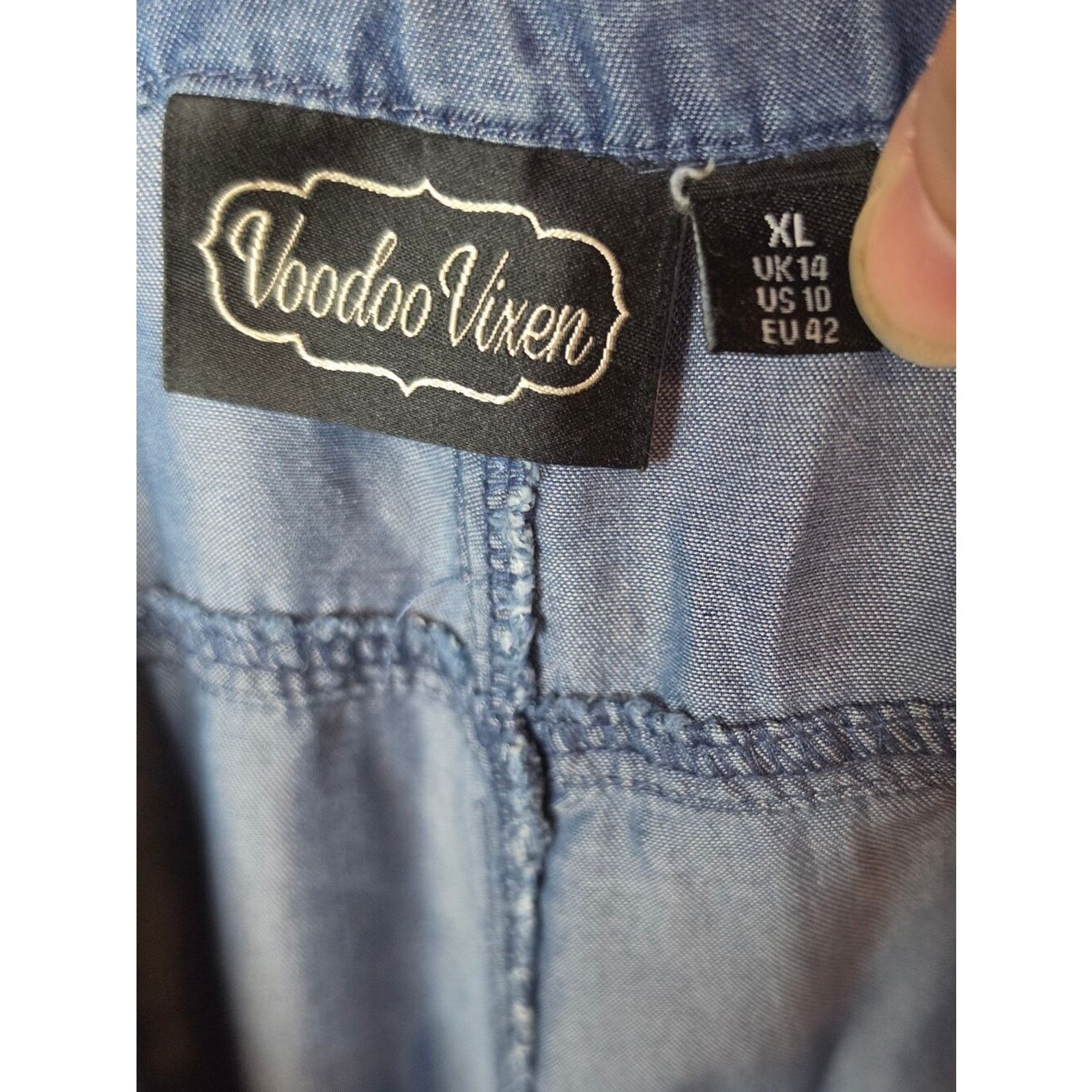 Vintage Voodoo Vixen Shimmering Chambray High-Waist Flare Jeans XL Size 32" / US 10 / IT 46 - 4 Thumbnail