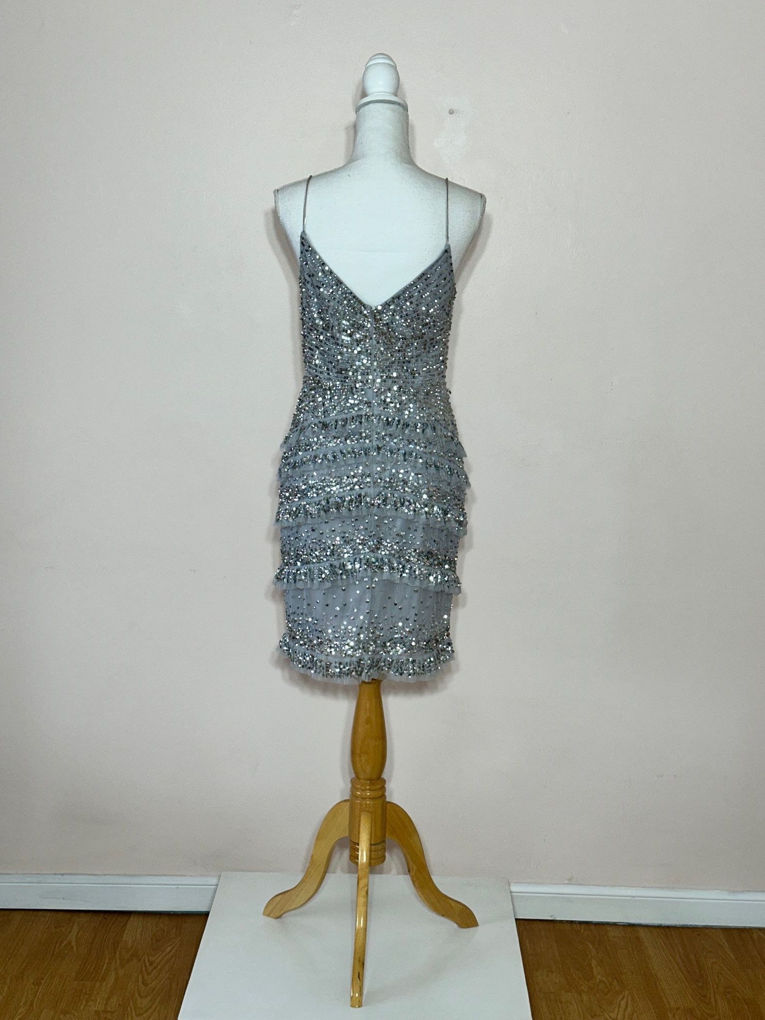 Adrianna Papell Silver Sequined on Ruffled Net Mini Dress Size M / US 6-8 / IT 42-44 - 5 Thumbnail