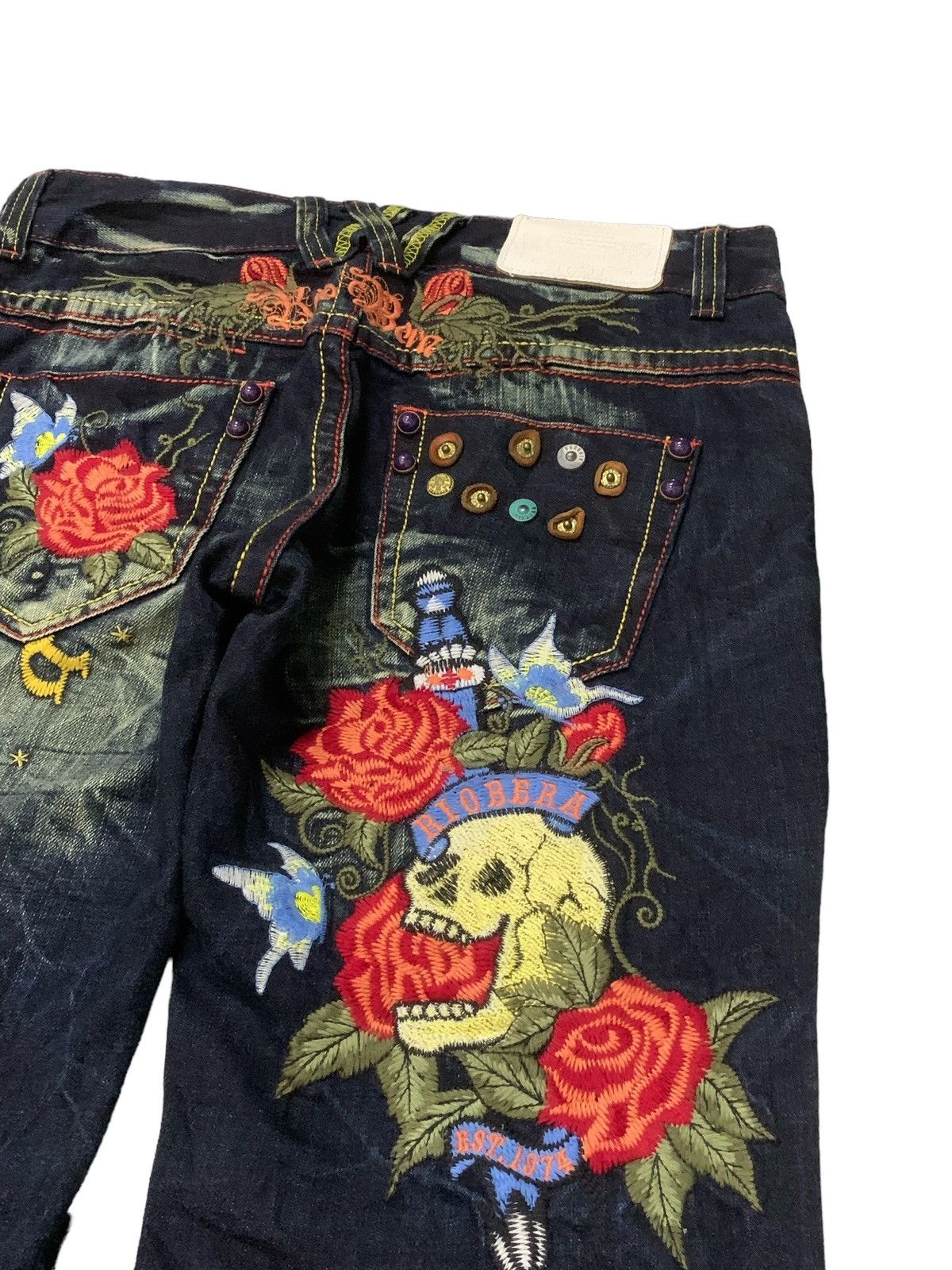 Ed Hardy × Japanese Brand Riobera Japan Embroidered Skull Tattoo Flared Denim Pants Size US 30 / EU 46 - 6 Thumbnail