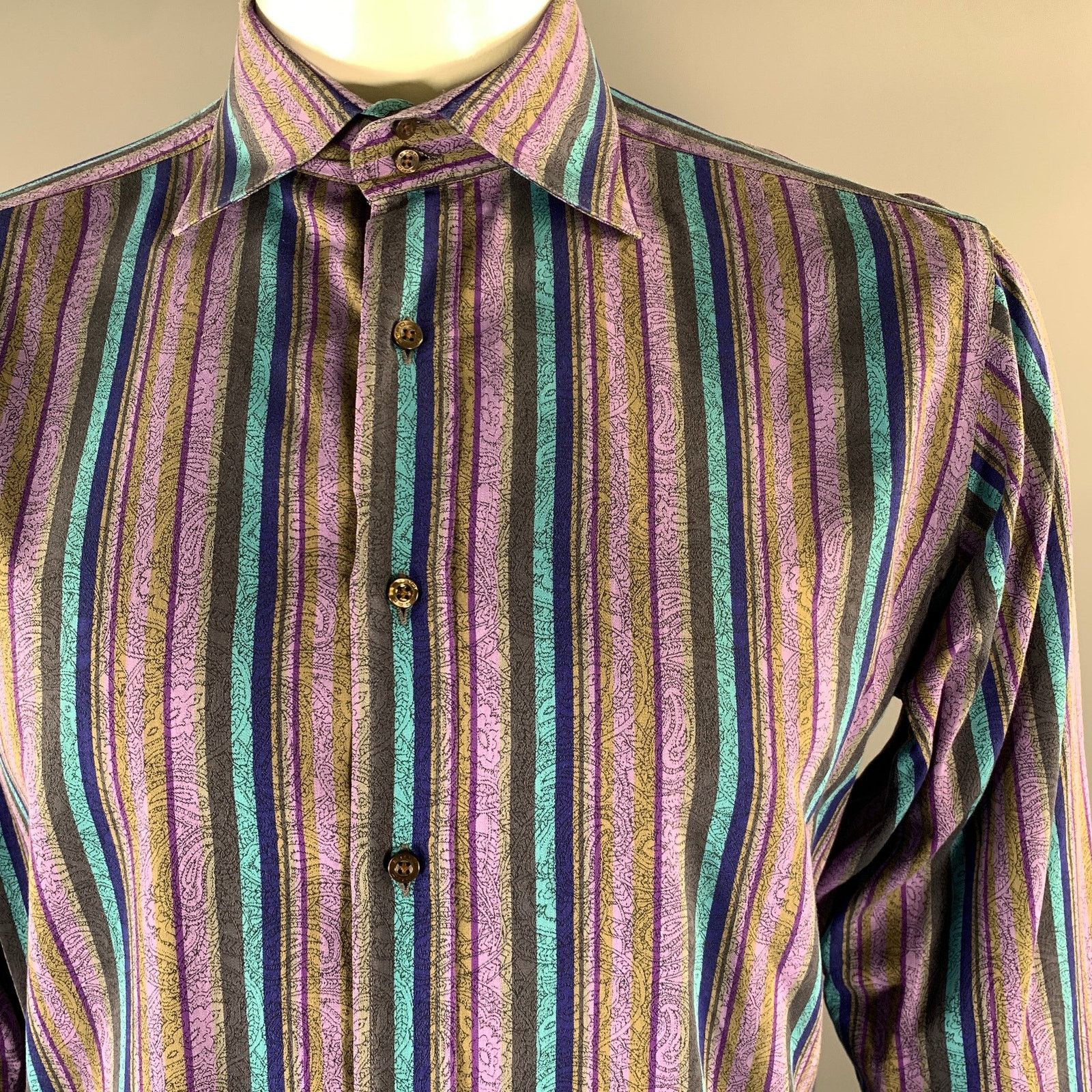 Etro ETRO XL Purple Blue Brown Stripe Paisley Long Sleeve Shirt Size US XL / EU 56 / 4 - 2 Thumbnail