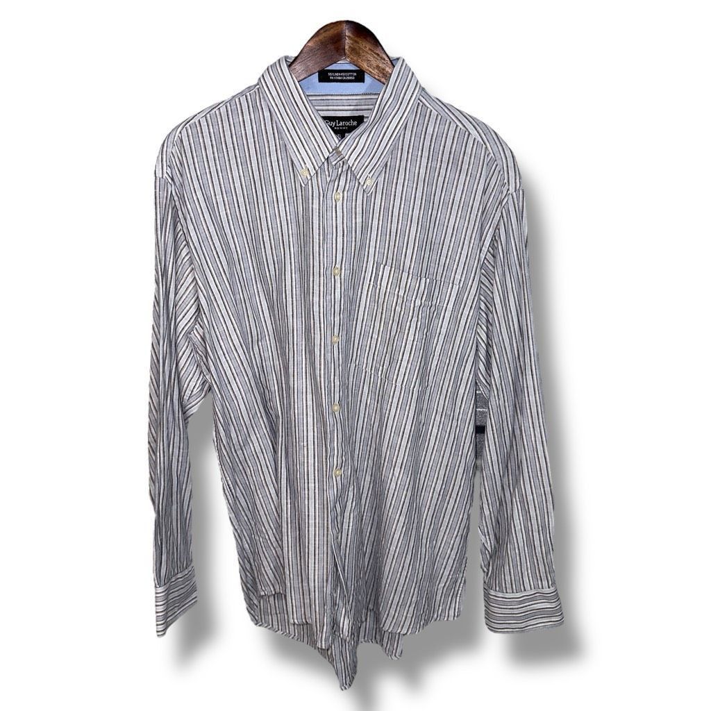 Guy Laroche Guy Laroche Gray Striped Linen Button Up Shirt XL Size US XL / EU 56 / 4 - 1 Thumbnail