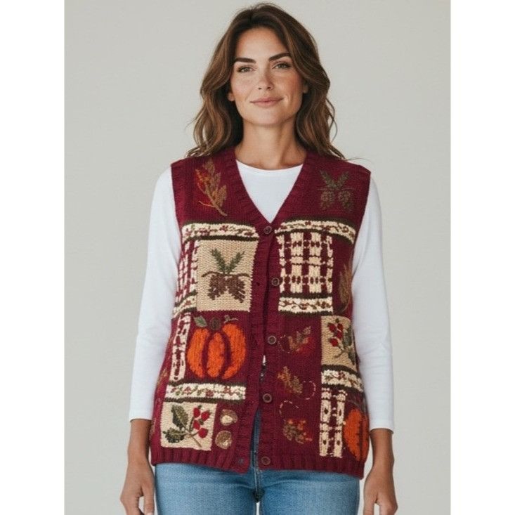 Croft & Barrow Vintage Croft & Barrow Burgundy Fall Patchwork Knit Vest wit Size S / US 4 / IT 40 - 1 Thumbnail