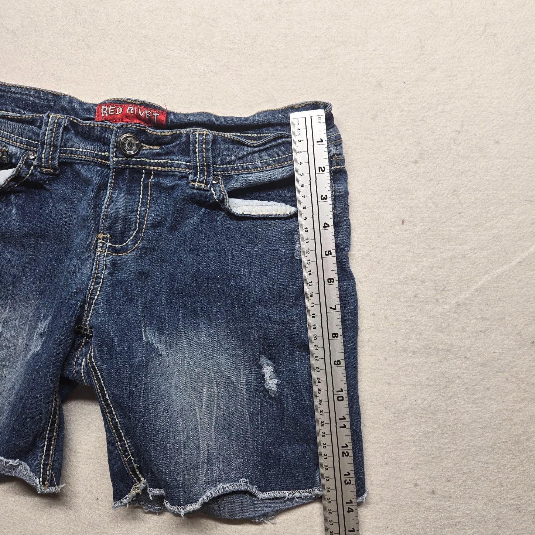 Denime Red Rivet Denim Shorts Women's 7 Distressed Embroidered 5-Pocket Casual Jeans Cut-Off Summer Blue Vintage?: No Size 28" / US 6 / IT 42 - 4 Thumbnail