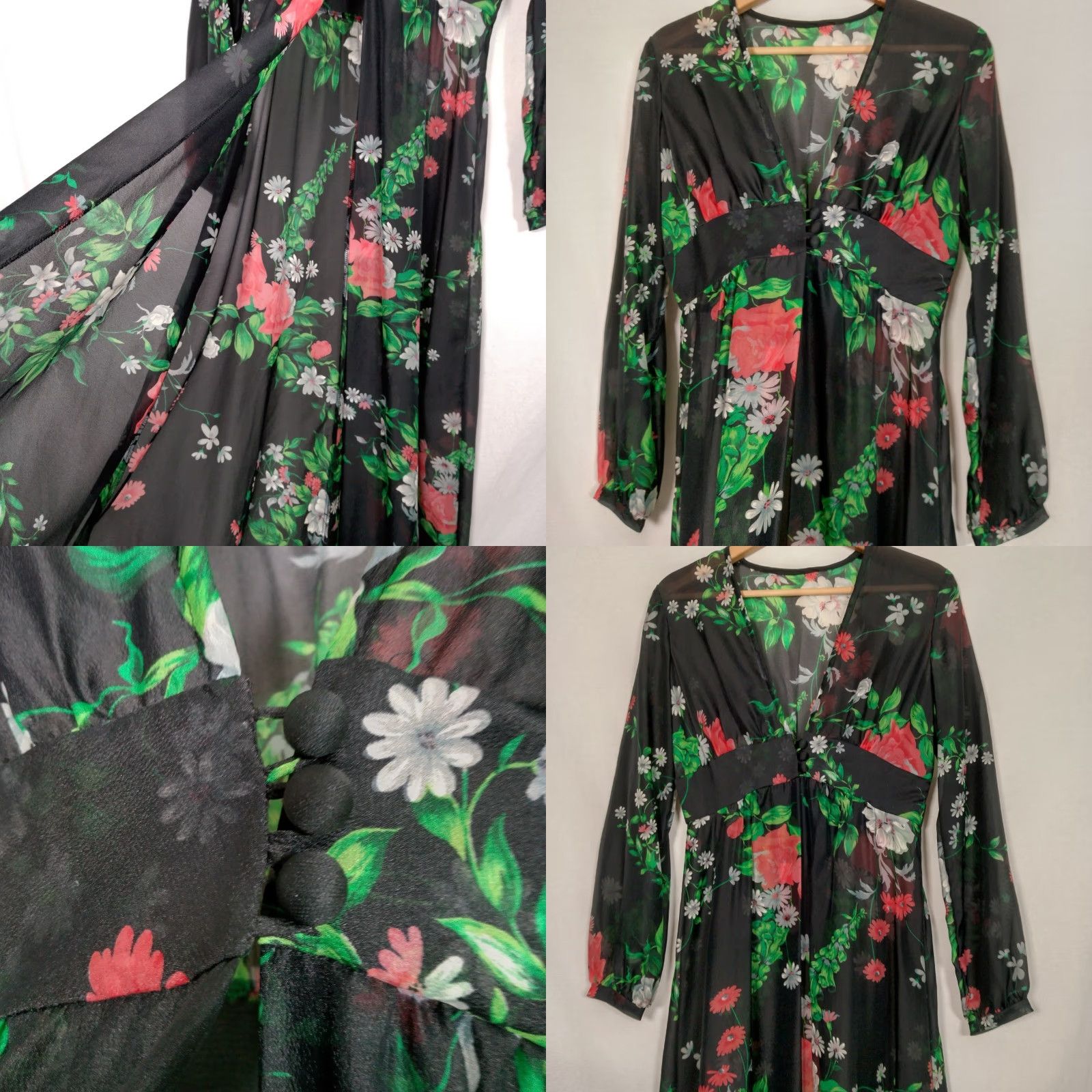 Vintage VINTAGE 1970s Sheer Dress Robe Cover Up Maxi Black Daisy Floral Bohemian Women Size 5/6 Size S / US 4 / IT 40 - 8 Thumbnail
