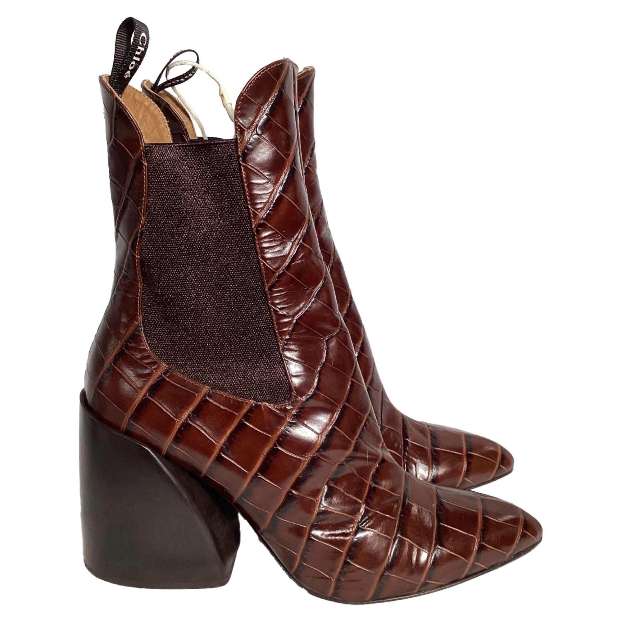 Chloe Chloé Wave Crocodile-Embossed Ankle Boots in Brown Leather Size US 8.5 / IT 38.5 - 1 Thumbnail