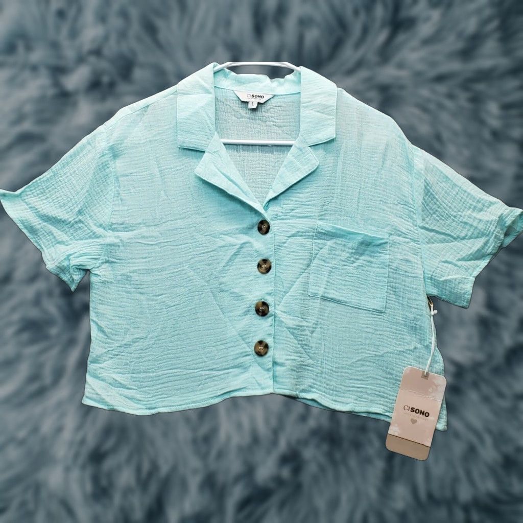 Sol Angeles Angeles Blouse Womens Size L Green Cropped Collared Button Front Top Size L / US 10 / IT 46 - 1 Thumbnail