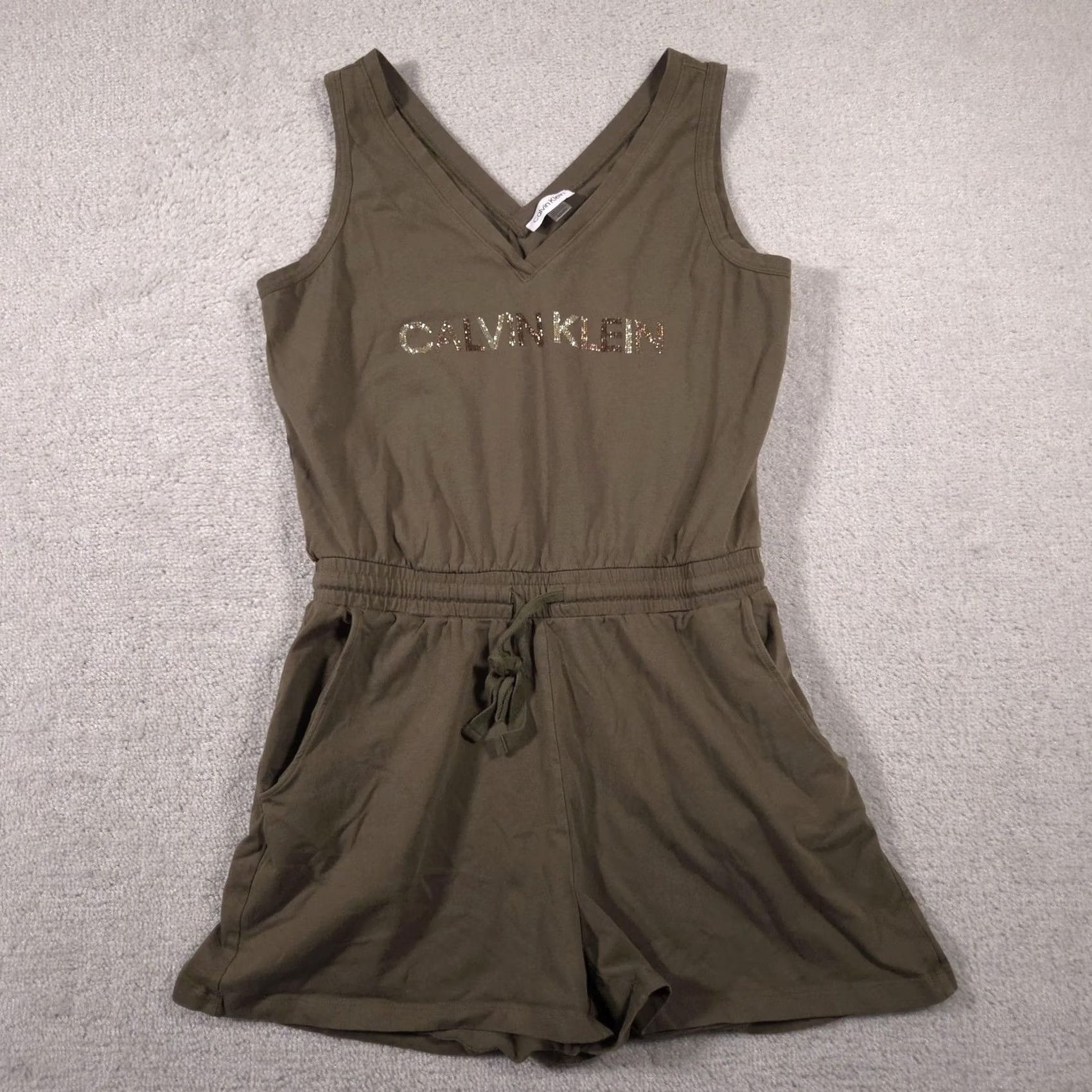 Calvin Klein Calvin Klein Romper Womens M Olive Green V-Neck Rhinestone Logo Pockets Size 32" / US 10 / IT 46 - 2 Thumbnail