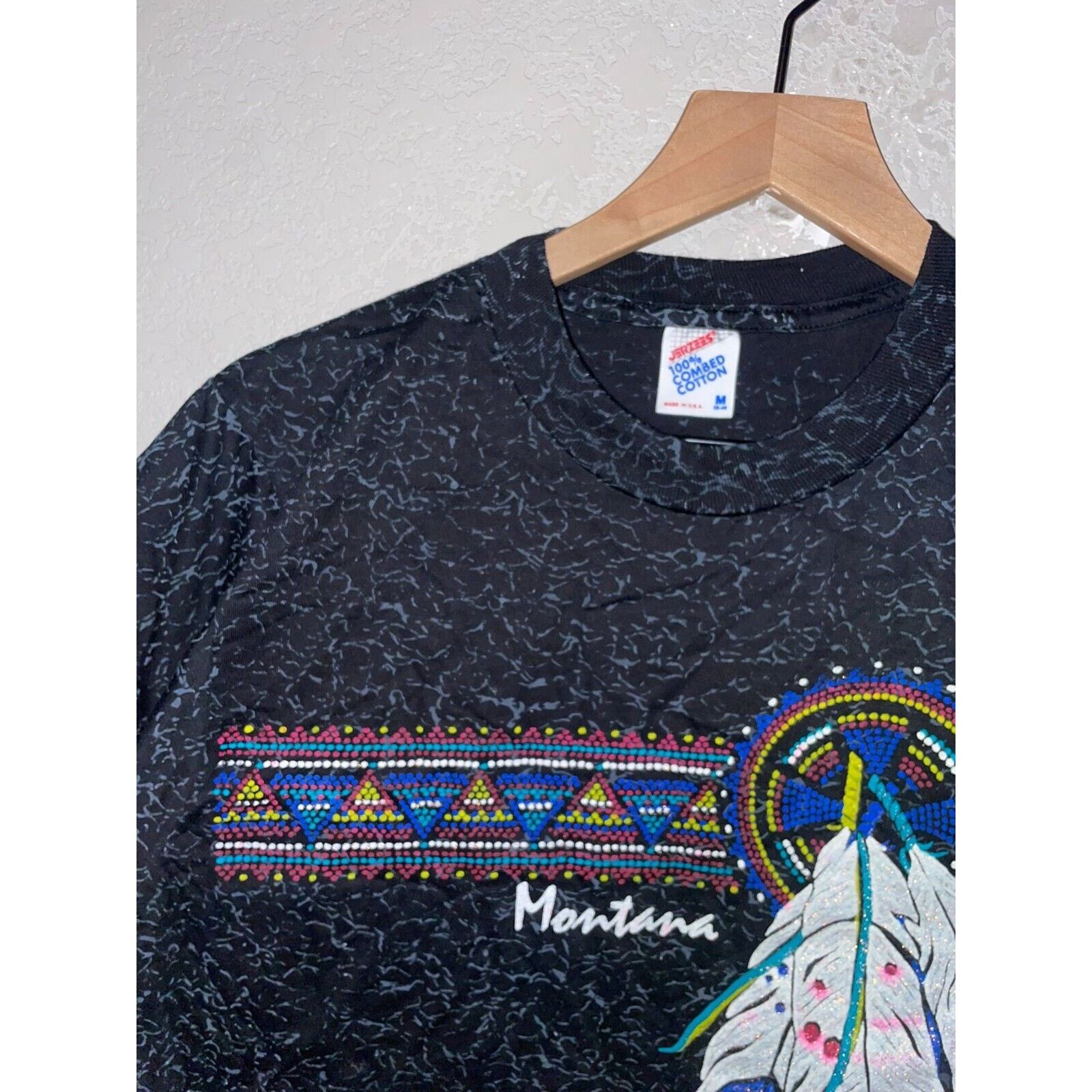 Jerzees Vintage Native American Shirt Montana Black AOP Tee 90s M Size US M / EU 48-50 / 2 - 6 Thumbnail