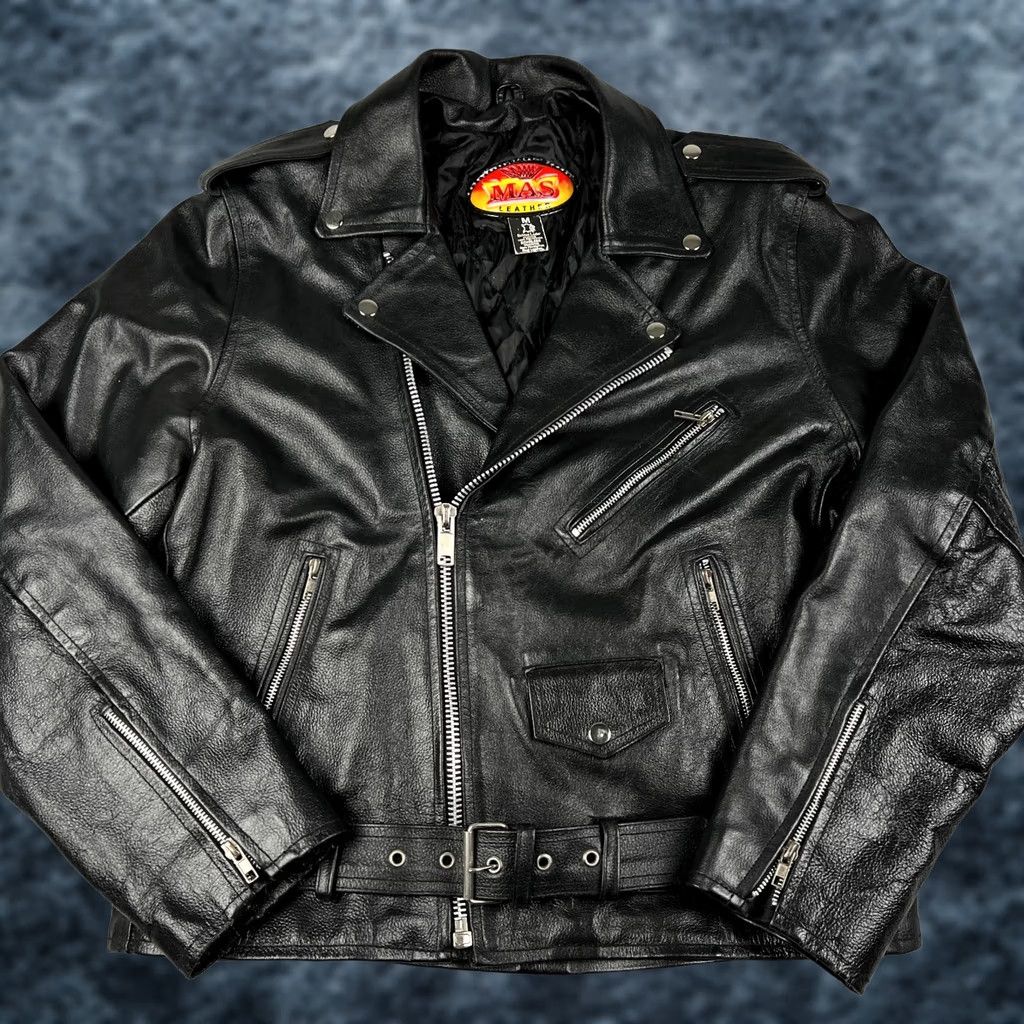 Vintage VINTAGE MAS Leather Motocycle Biker Jacket Belted Medium Mens Black Pockets Size US M / EU 48-50 / 2 - 1 Thumbnail