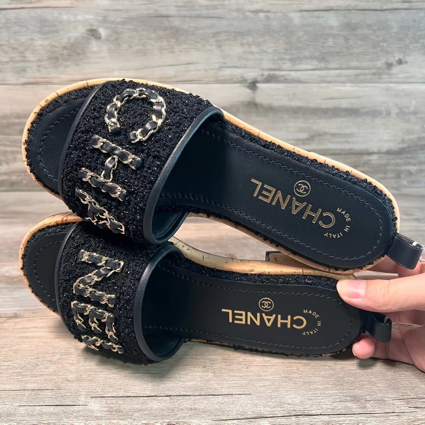 Chanel Chanel Black Chain Tweed Large Logo Slippers Size 36 Size US 5.5 / IT 35.5 - 5 Thumbnail