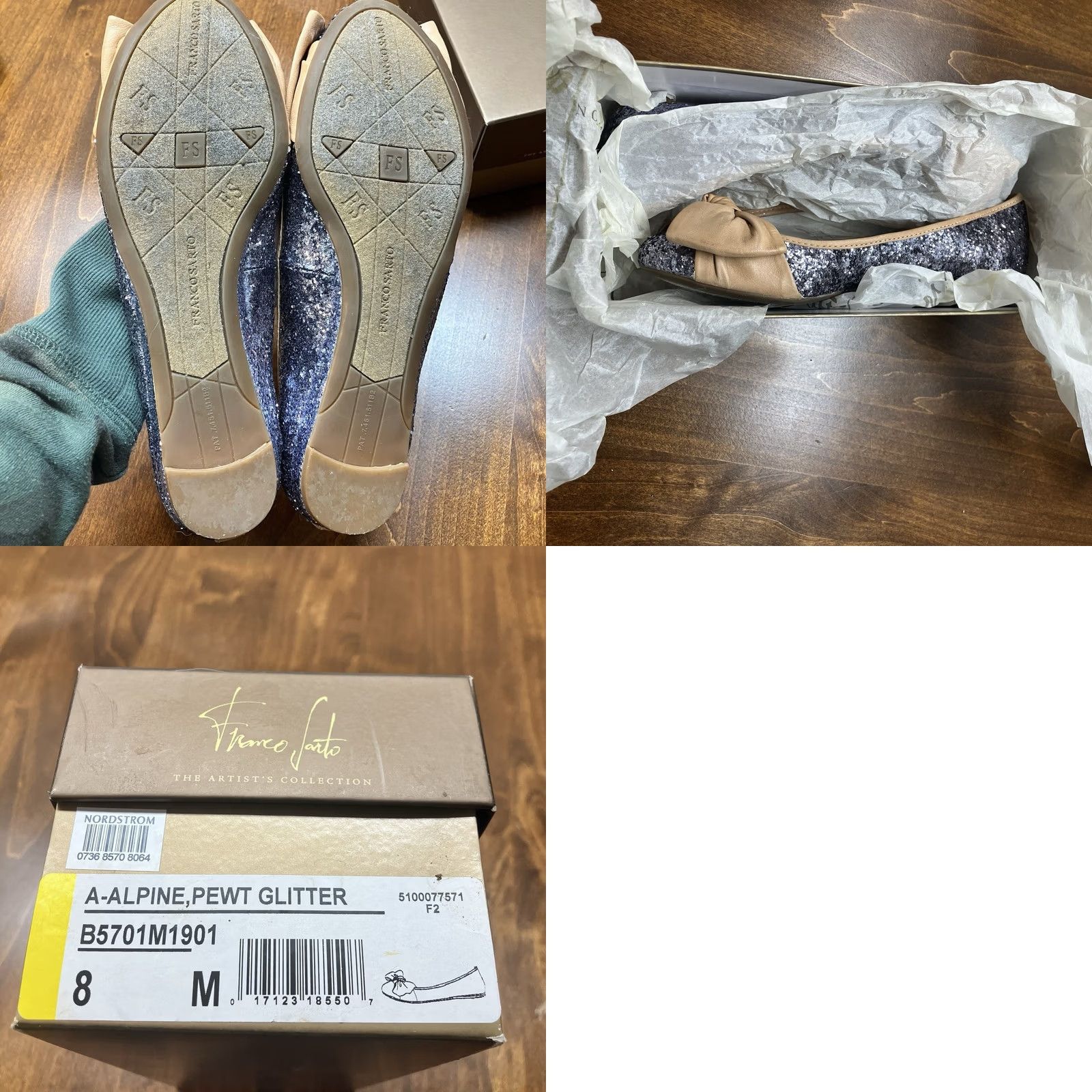 Franco Sarto Franco Sarto Glitter Ballet Flat Leather Bow Silver Pewter Slip On 8 Women Flats, M, Round Toe, Silver Glitter, Artisan Collection Size US 8 / IT 38 - 9 Thumbnail
