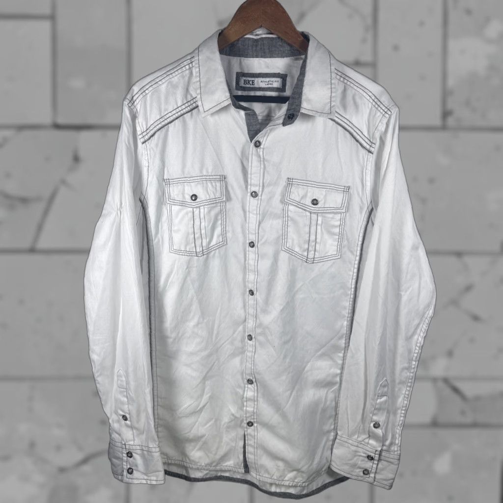 BKE BKE Athletic Fit White Snap Button Shirt Mens Size L Shirts Long Sleeve Buckle Button-Up White Athletic Fit Mens L Size US L / EU 52-54 / 3 - 1 Thumbnail