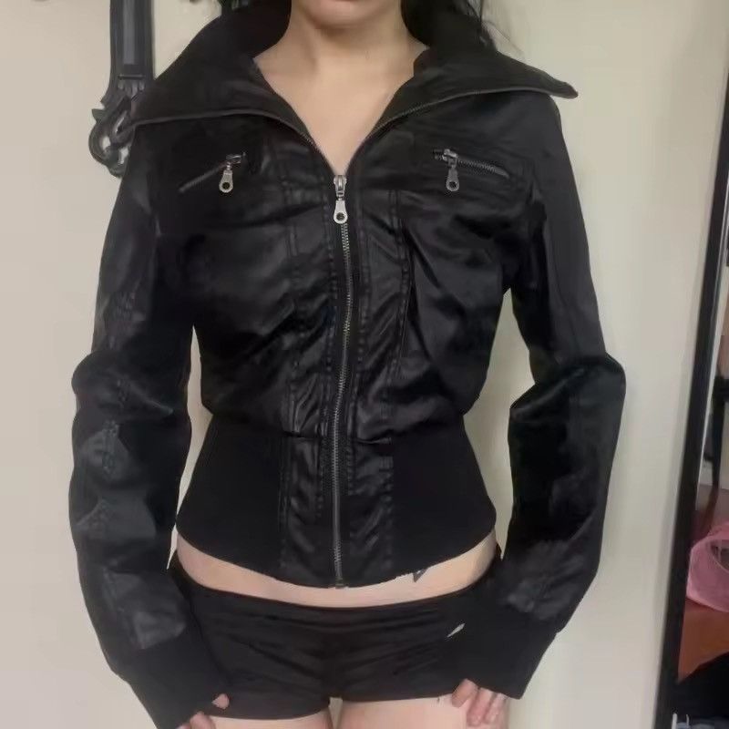 Y2K Black PU Leather Bomber Jacket - Cropped Tight Fit