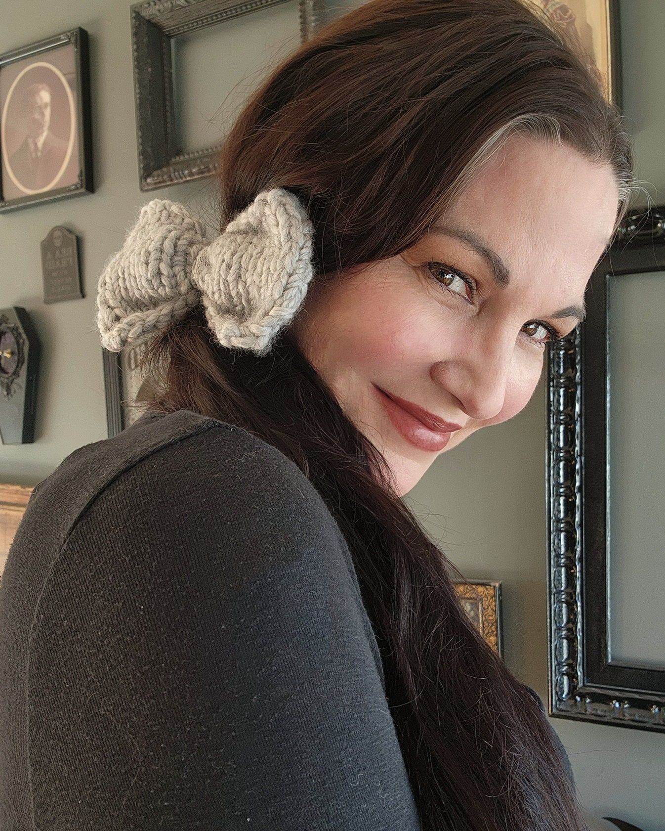 Handmade Hand Knit Hair Bow, Frost Gray Ponytail Holder or Hair Band, Size ONE SIZE - 2 Thumbnail