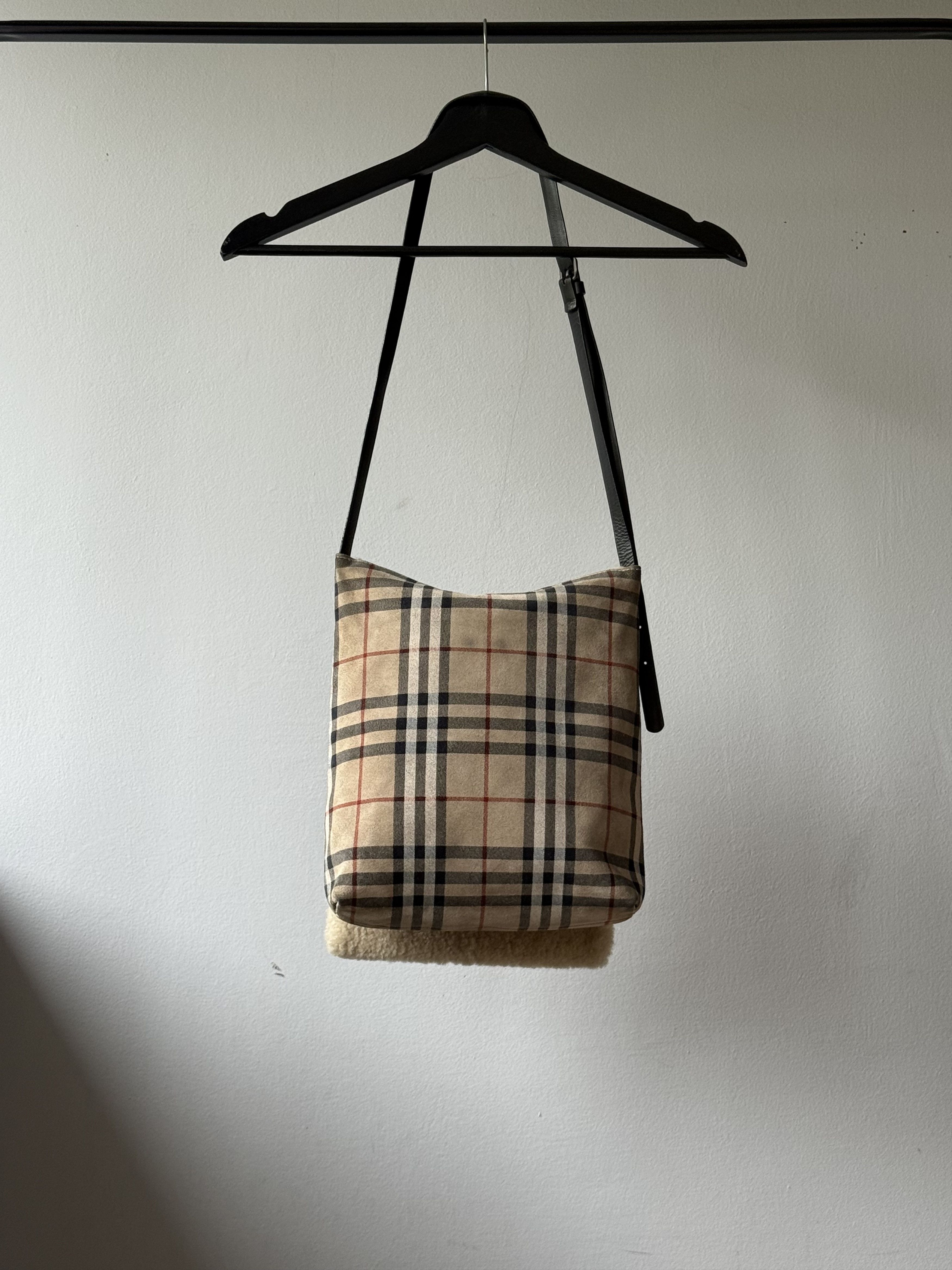 Burberry Burberry Nova Check Suede Shearling Shoulder Open Flap Bag Size ONE SIZE - 2 Thumbnail