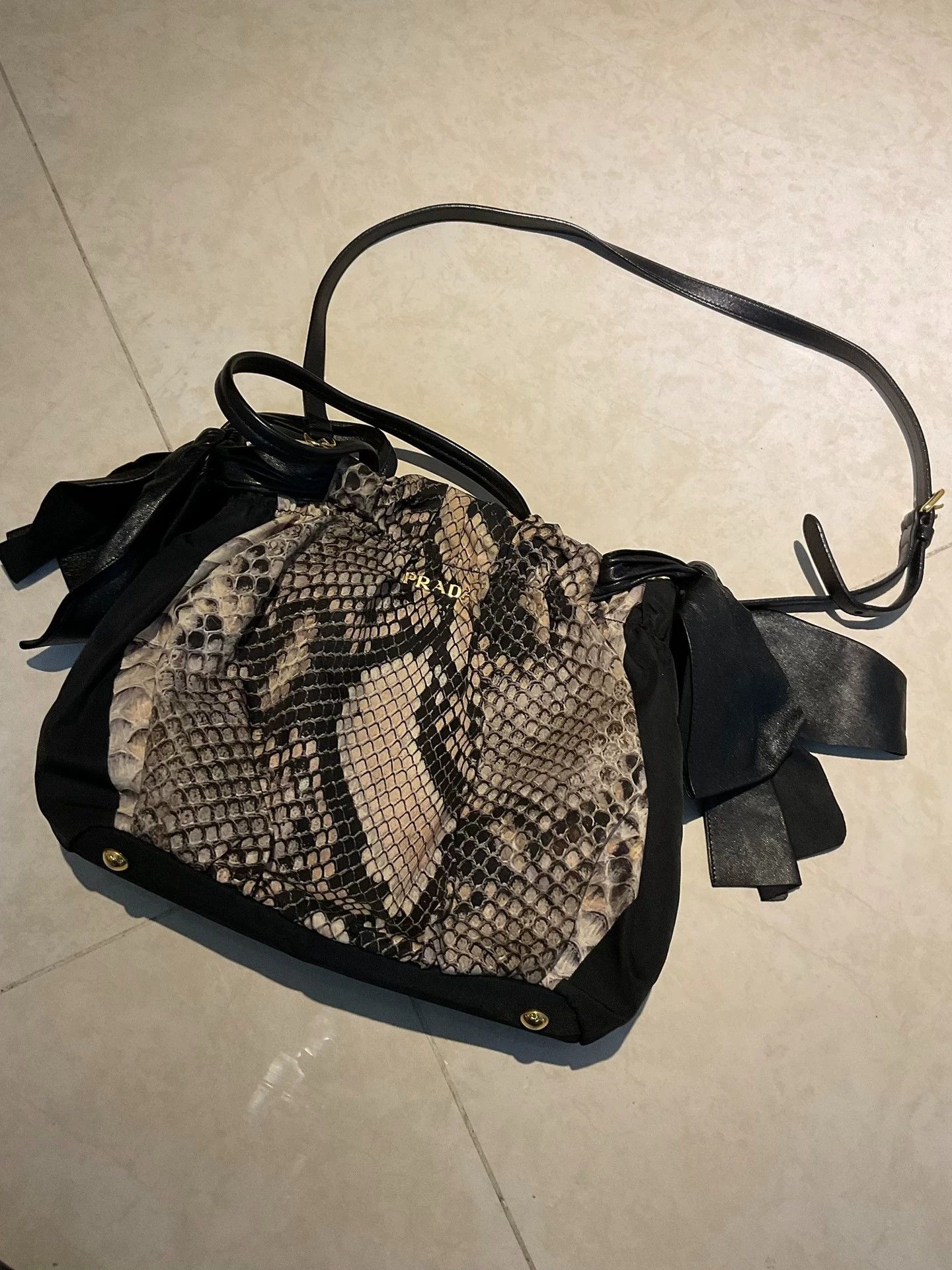 Prada Prada Gaufre Snake Nylon-Leather Crossbody Black Gold Size ONE SIZE - 1 Thumbnail