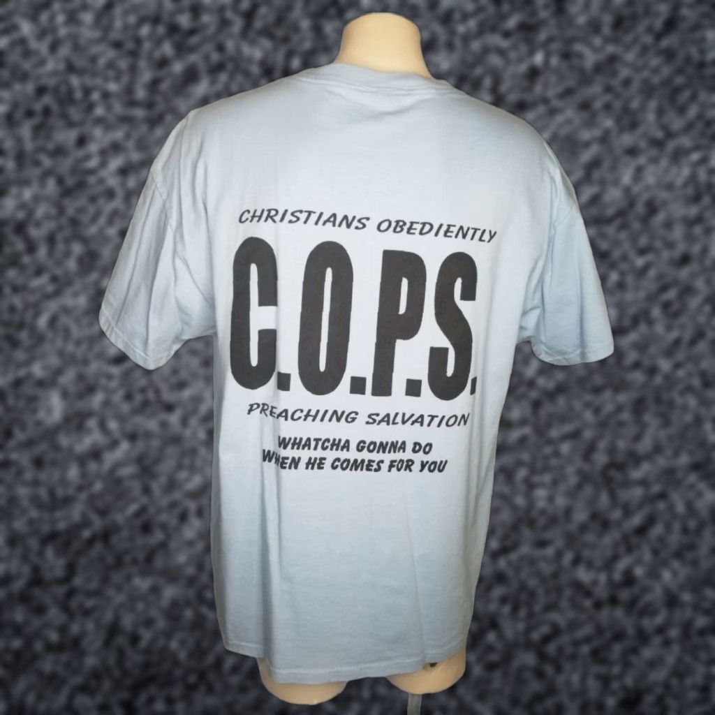 VINTAGE Delta XL 90s Blue Graphic Tee COPS TV Show Jesus Christian Mens Hip Hop