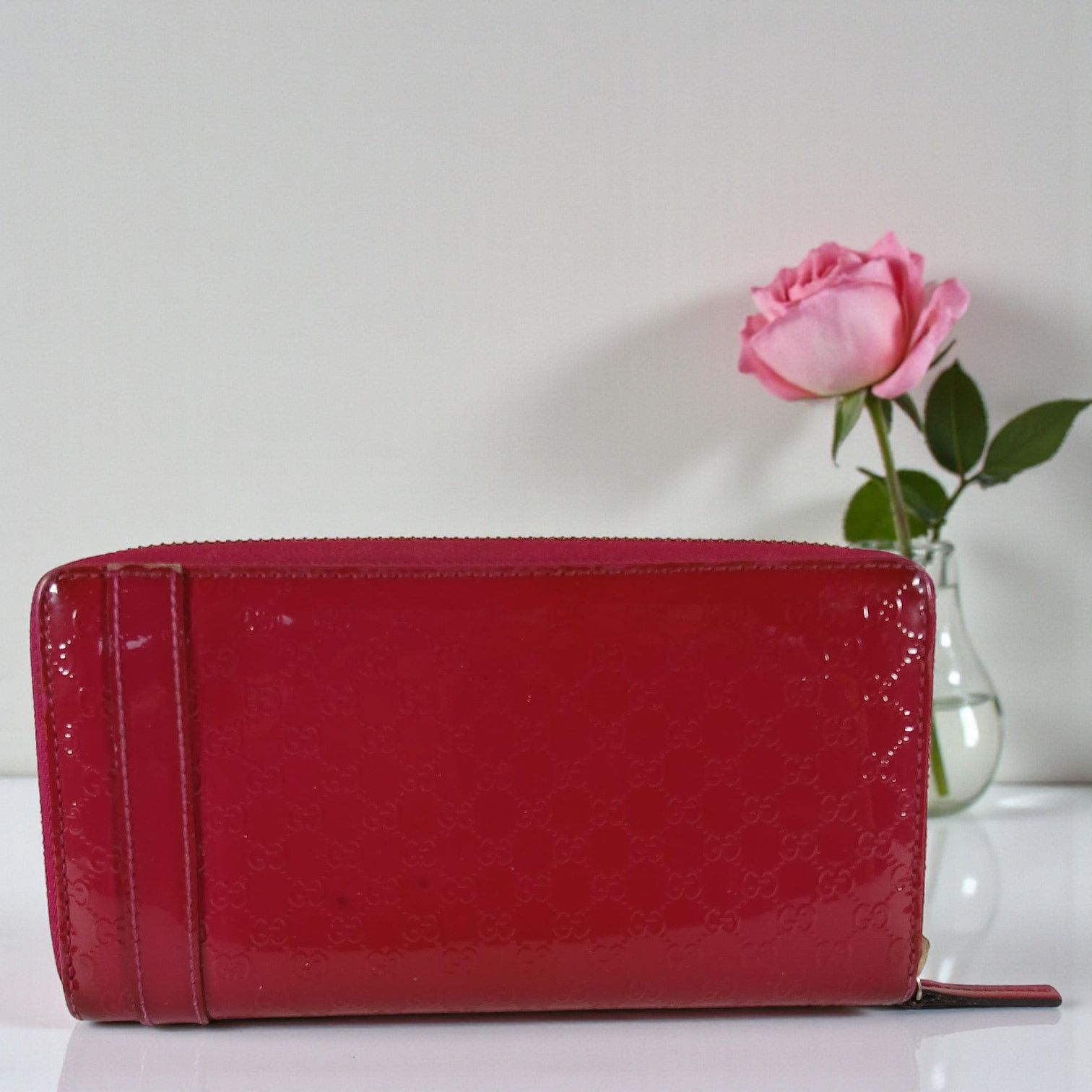 Gucci Gucci Shima GG Belted Zip Around Pink Enamel Leather Wallet Size ONE SIZE - 3 Thumbnail