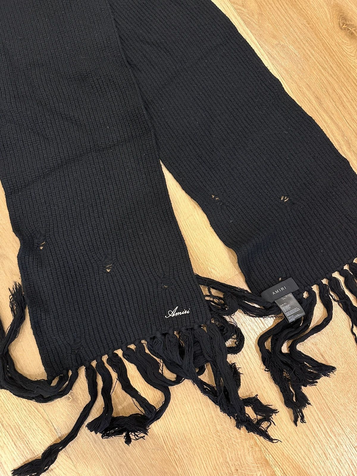 image of Amiri Cashmere Script Embroidery Distressed Scarf in Black, Men's