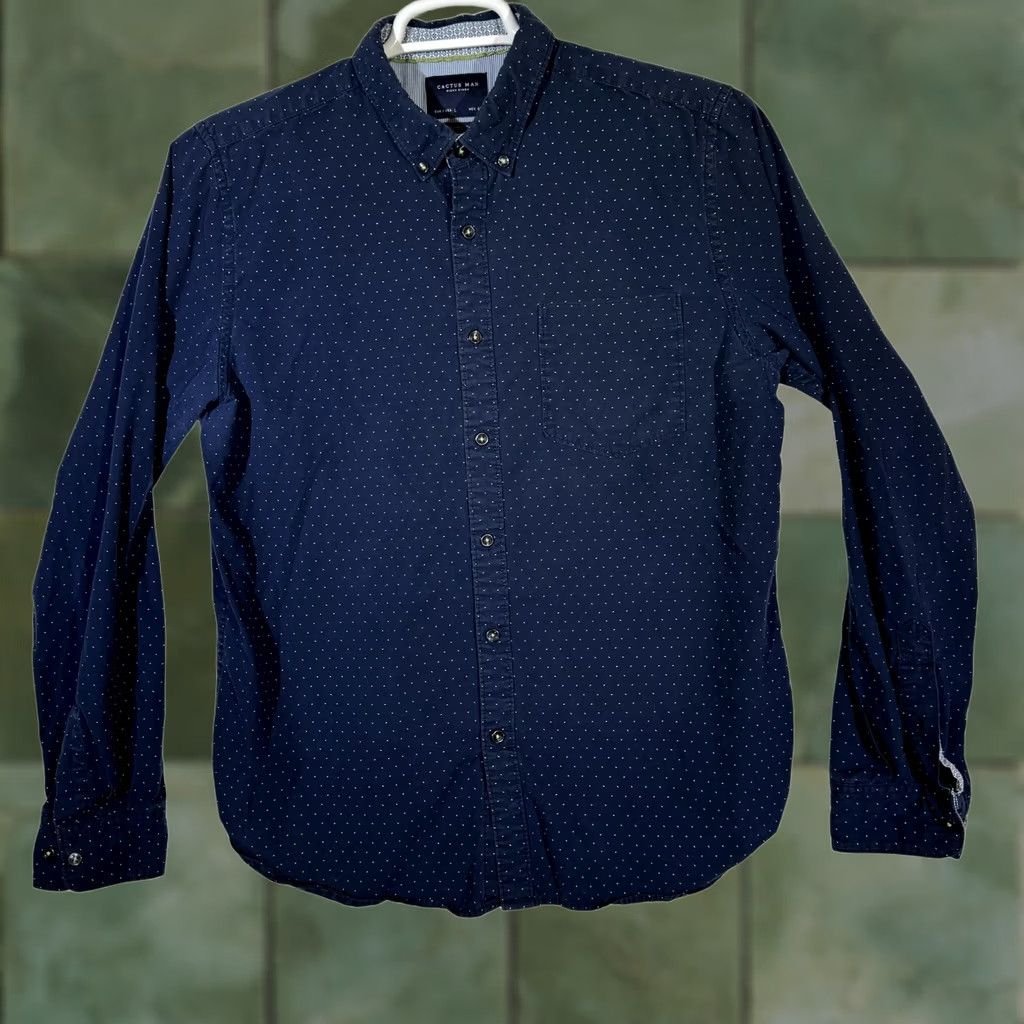 Vintage Cactus Man Shirt Mens Large Slim Fit Button Down Long Sleeve Polka Dot Cotton Blue Size 42R - 1 Thumbnail
