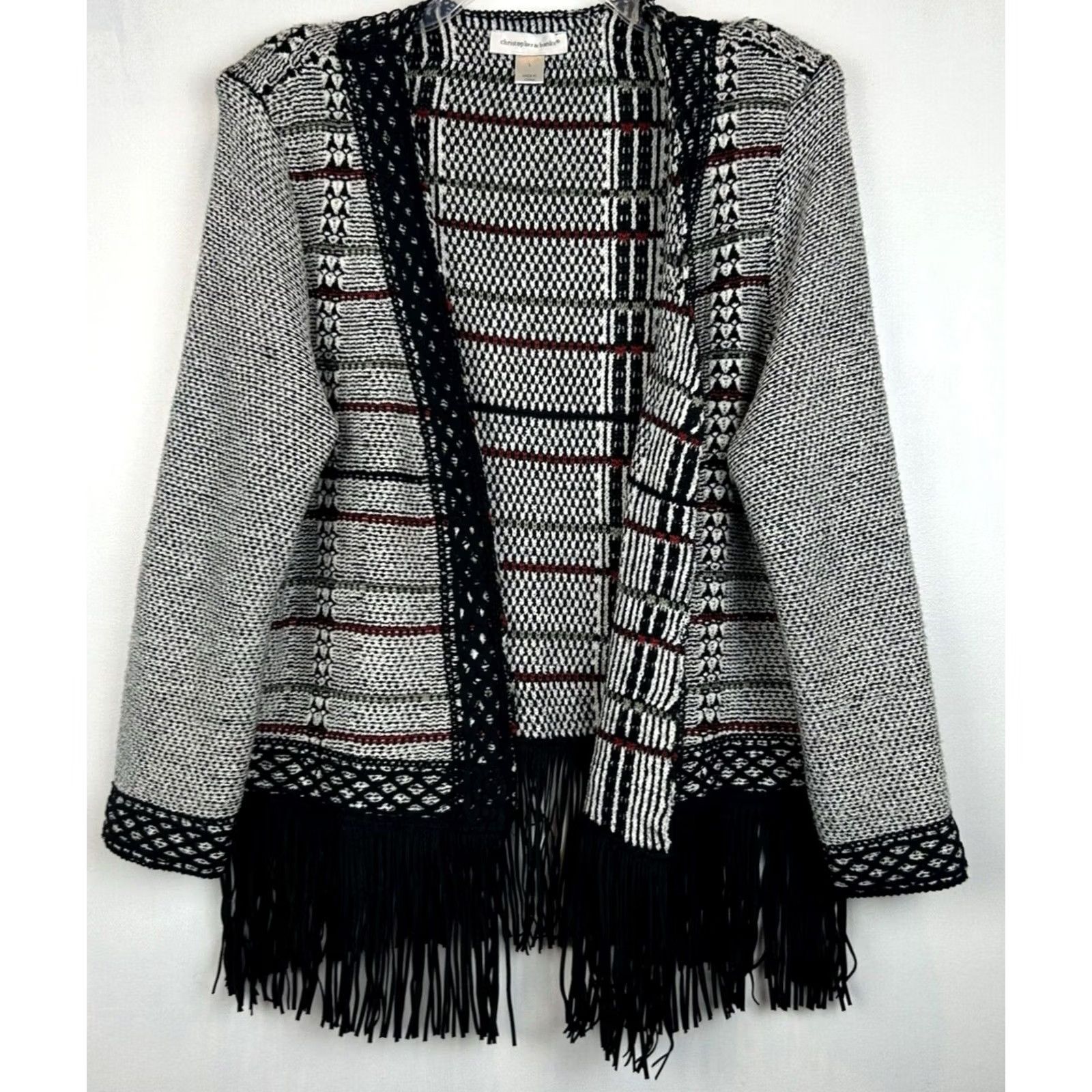 Vintage Christopher & Banks Knit Cardigan Open Fringe Black Suede Look Bohemian Women L Size Knit Open Fringe Boho 21" 26" Size L / US 10 / IT 46 - 2 Thumbnail