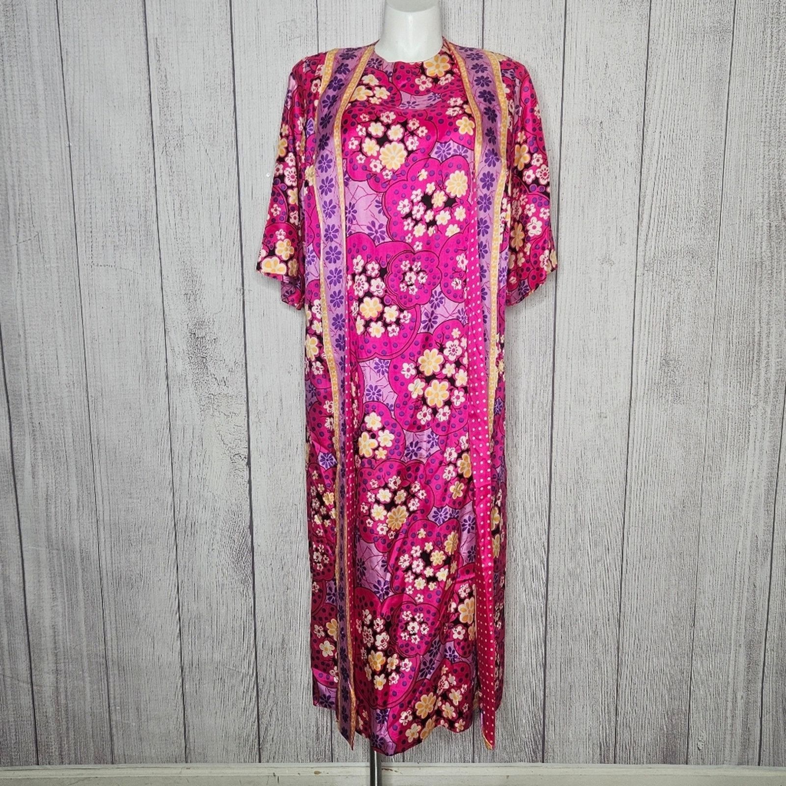 Vintage 60s Lane Bryant Psychedelic Bright Pink Floral Groovy Kaftan Size L / US 10 / IT 46 - 1 Thumbnail
