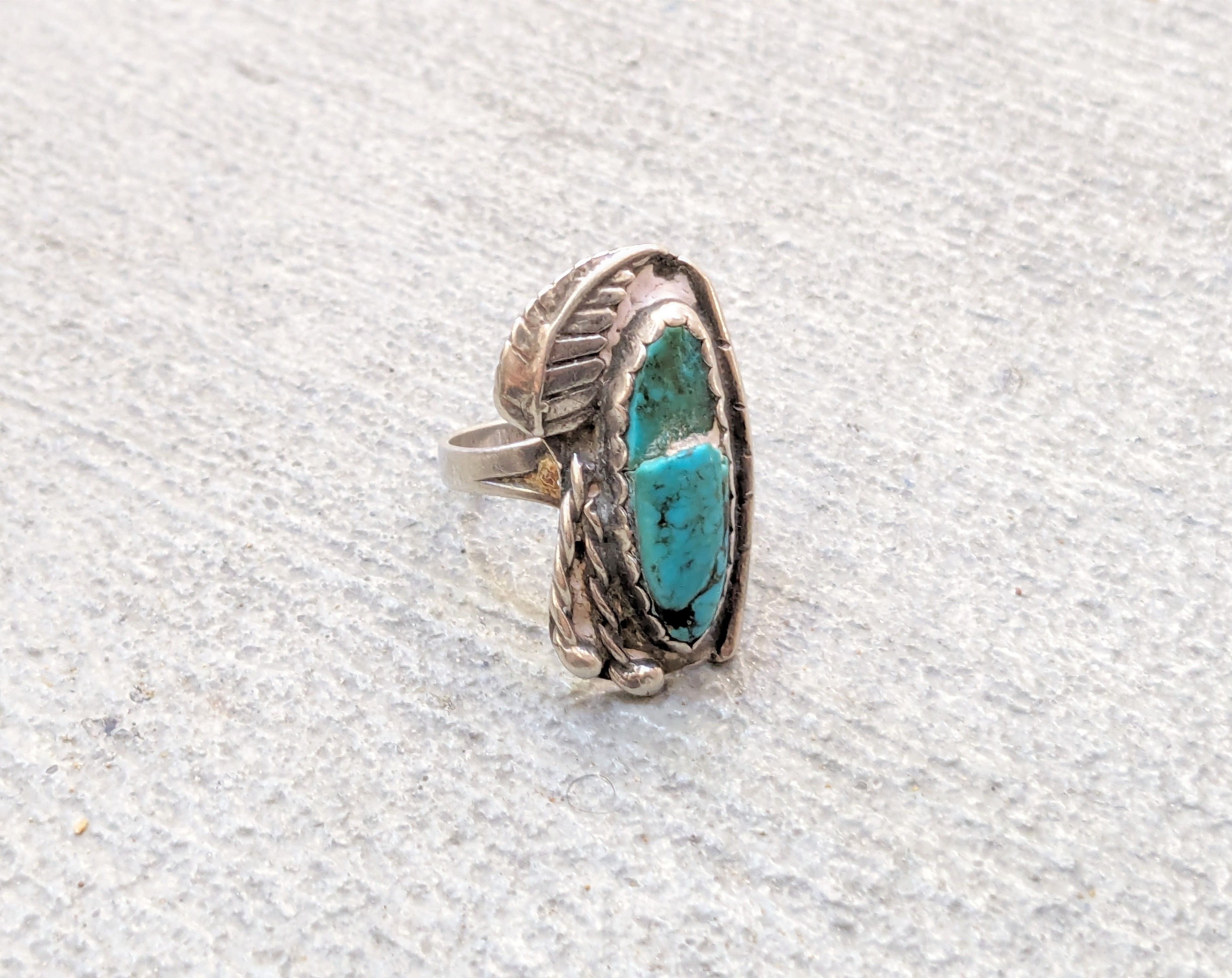 Jewelry Vintage Sterling Silver Ring 8 Turquoise Leaf Modern Size ONE SIZE - 2 Thumbnail