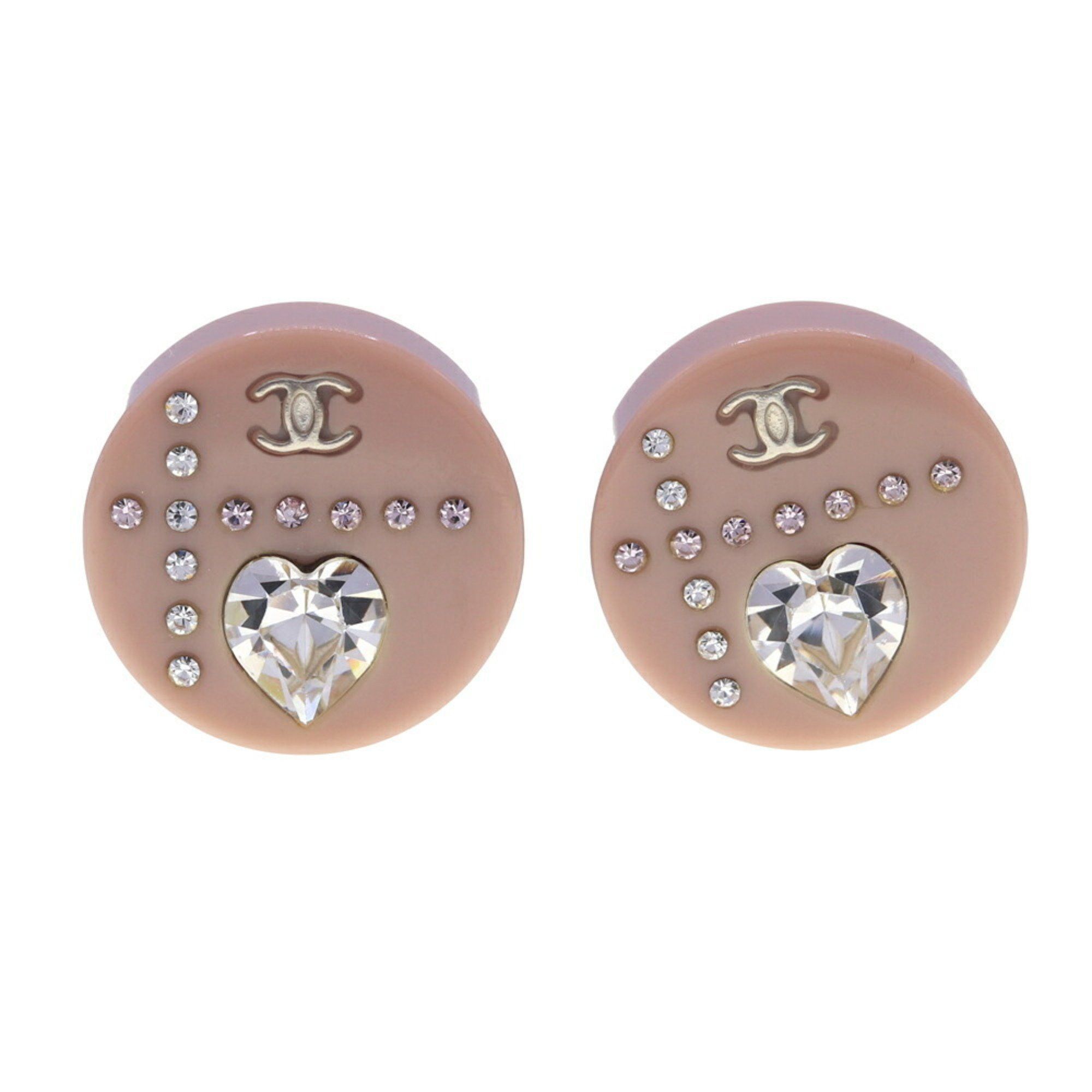 Chanel Coco Mark Heart Round Earrings Pink Plastic with Rhinestones 04A 2004 Model Mark Women's CHANEL