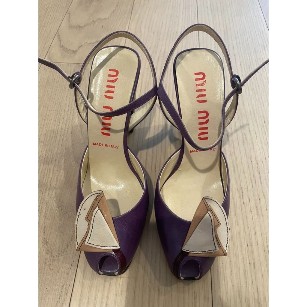 Miu Miu Miu Miu Purple Leather Peep-Toe Sandals With Beige Bow Detai Size US 5 / IT 35 - 1 Thumbnail