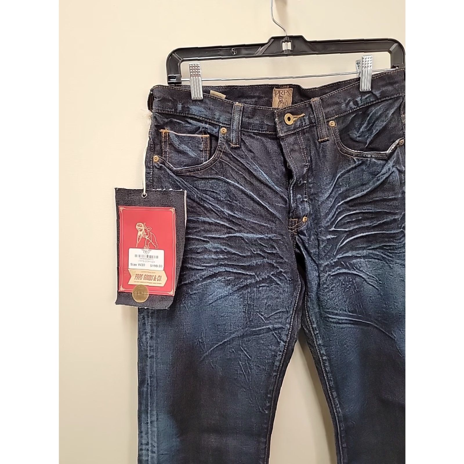 Prps PRPS Jeans Mens 30 Blue Raw Denim Selvedge 90s Grunge Straight Inseam 33 Button Logo Size US 30 / EU 46 - 3 Thumbnail