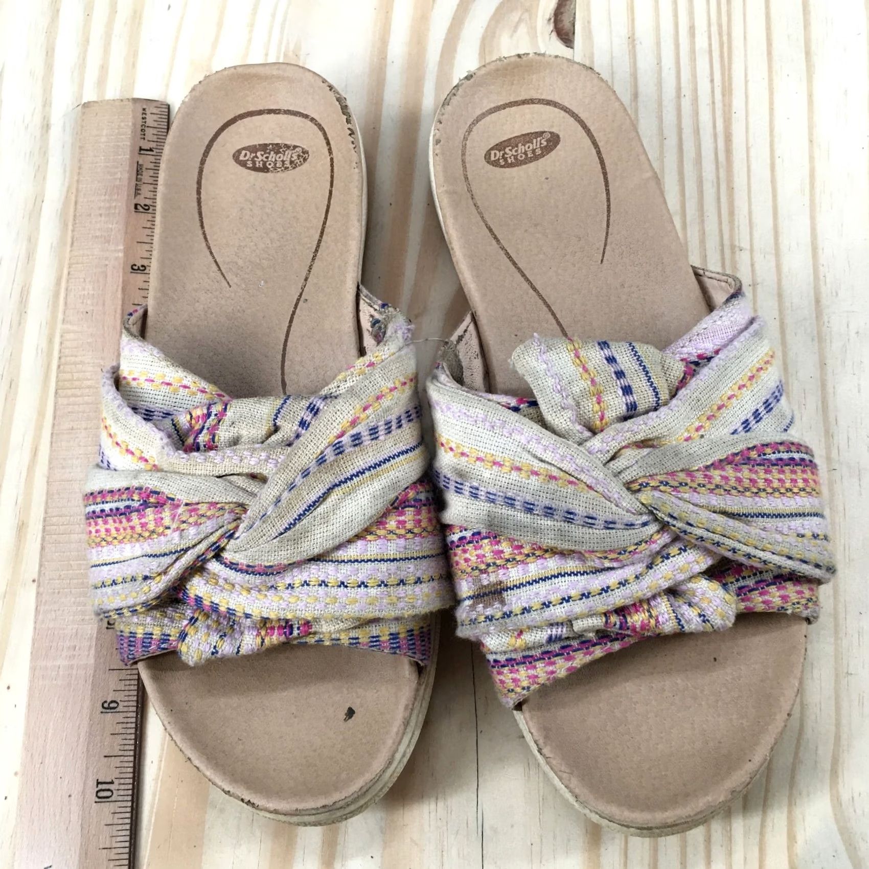 Vintage Dr Scholl's Sandals Womens 7 M Willow Slide Flats Slip On Beige Fabric Open Toe Size US 7 / IT 37 - 7 Thumbnail