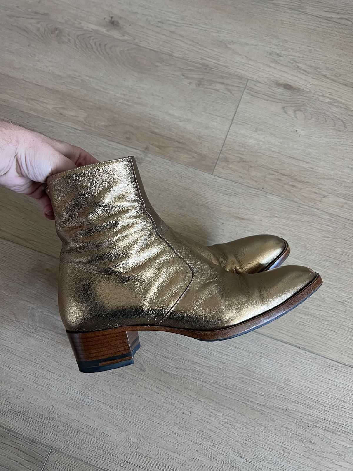 image of Saint Laurent Paris Hedi Gold Brown Soled Wyatt Shoes, Men's (Size 8)