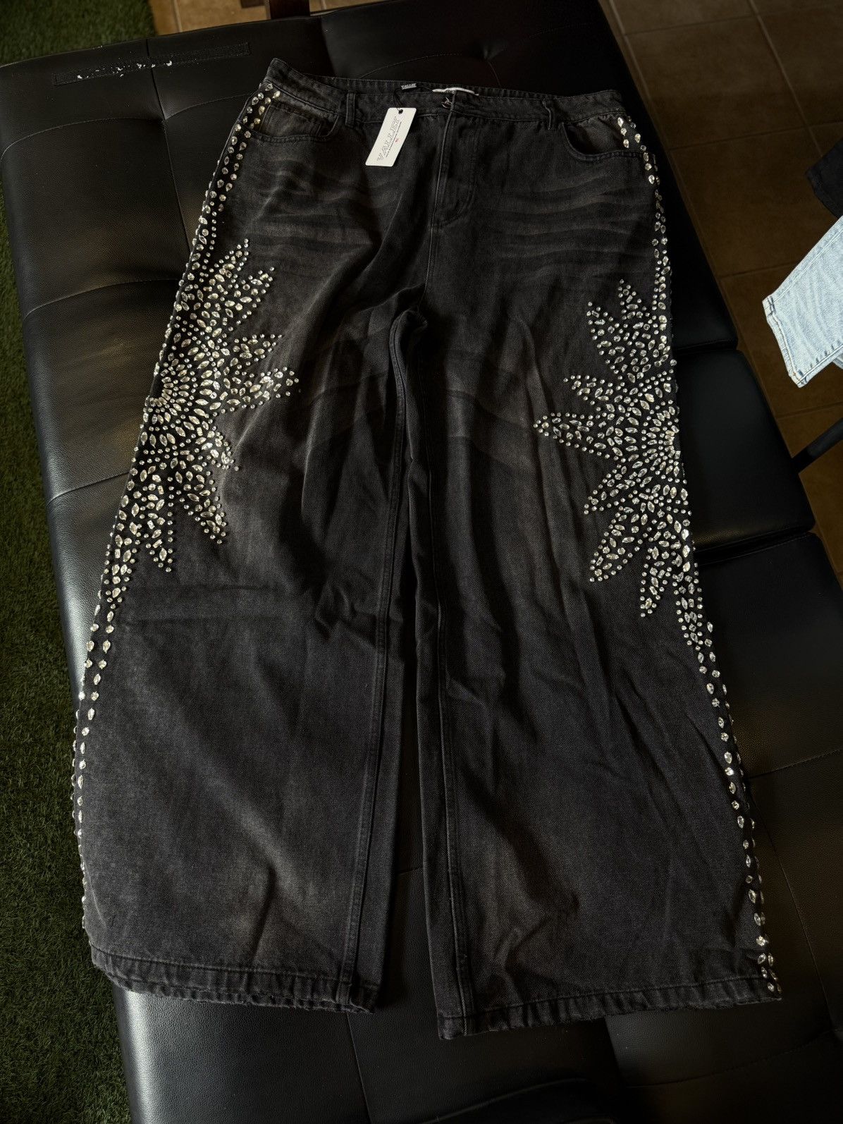 Vale Valley Stone Crystal Rhinestone Baggy Black Jeans Size 38 Size US 38 / EU 54 - 3 Thumbnail