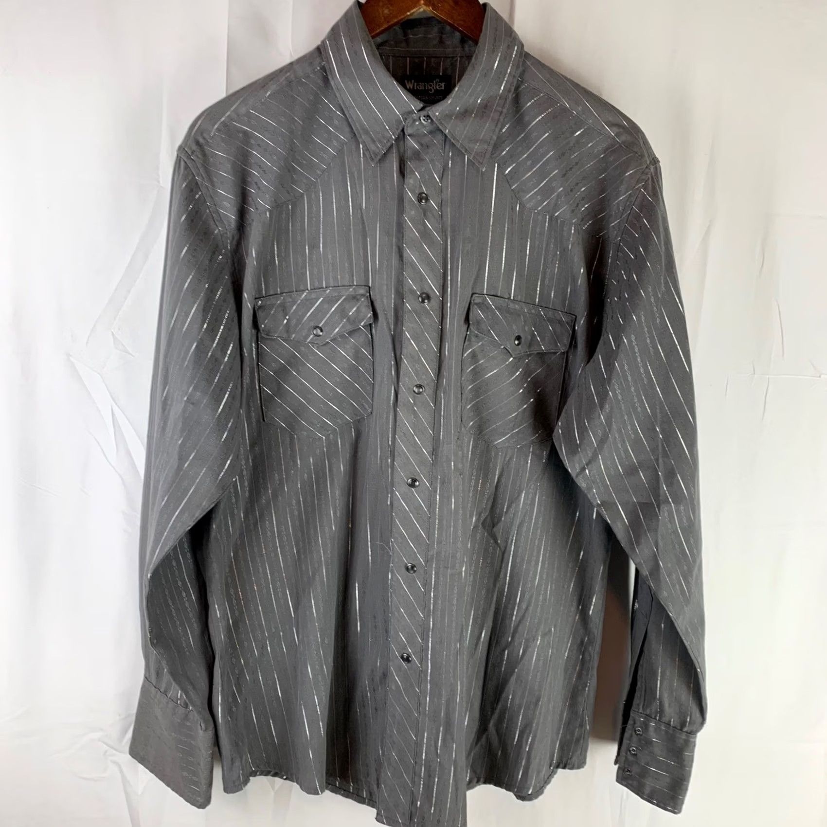 Wrangler Wrangler Western Shirt - Large Grey Metallic Pinstripe Snap Front Size US L / EU 52-54 / 3 - 2 Thumbnail