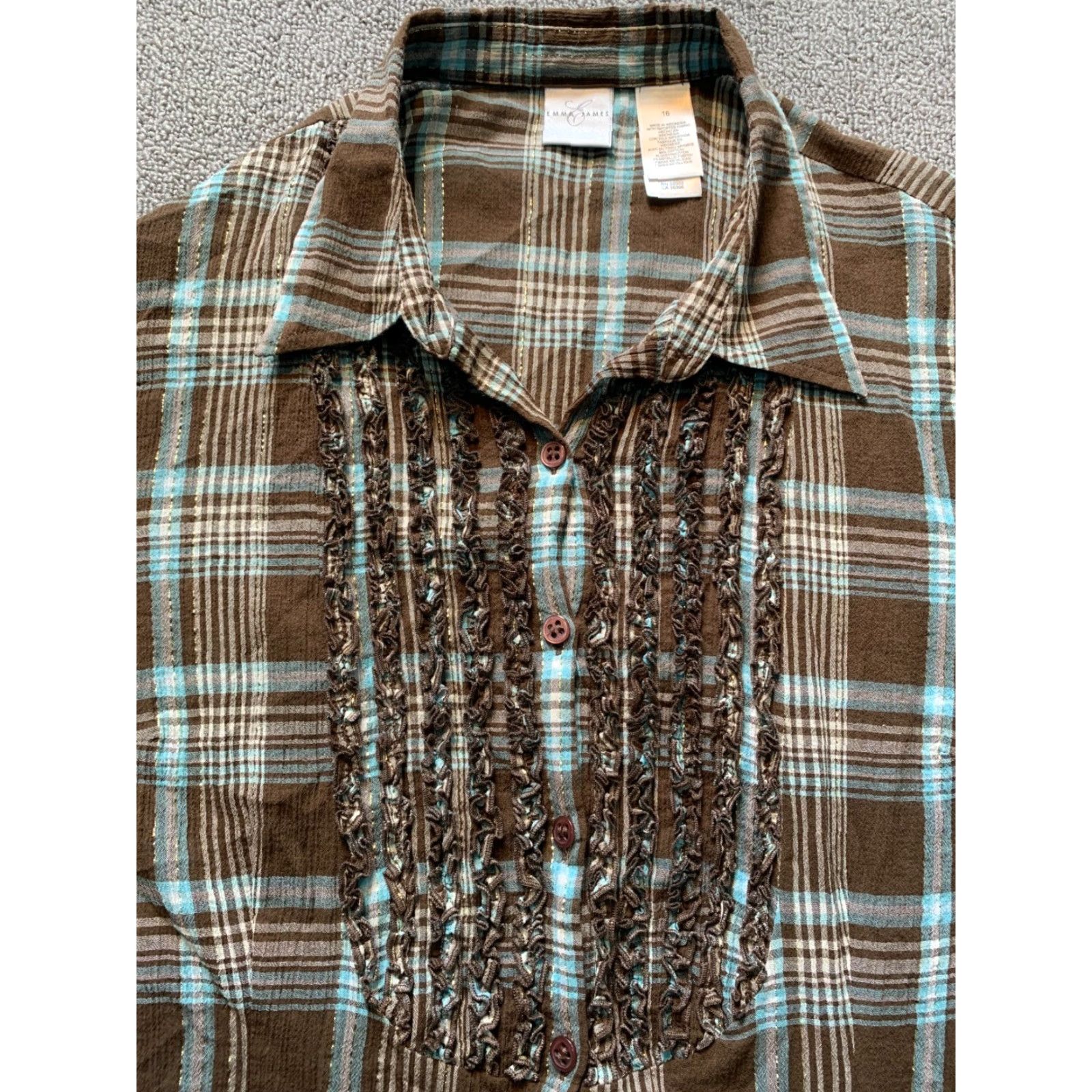 Vintage Emma James Womens 16 Short Sleeve Button-Up Plaid Brown Blue Ruffle Chest Shirt Women Size 38" / US 16 / IT 52 - 2 Thumbnail