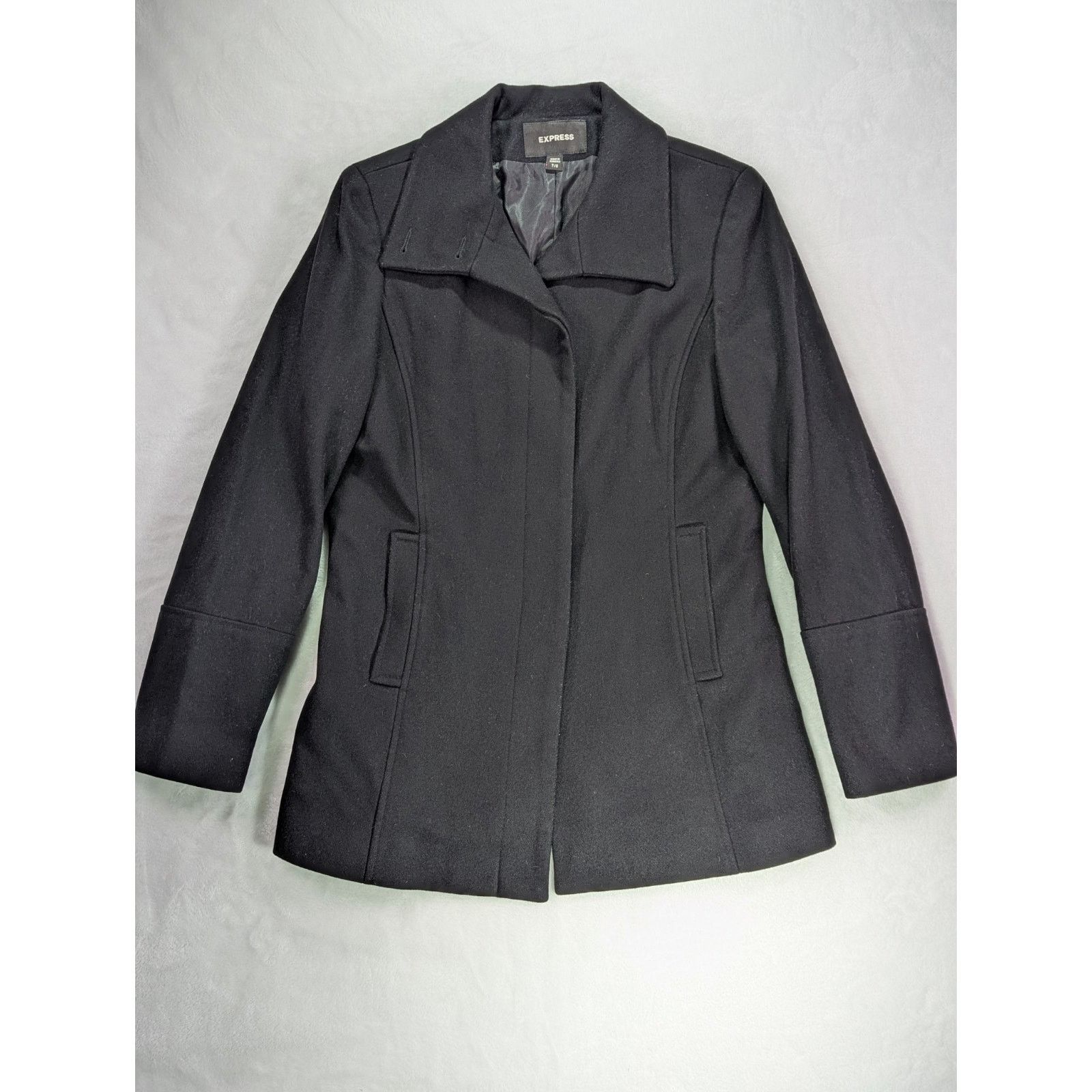 Express Size 7/8 Black Wool Coat Hidden Button Placket VTG Y2K Size M / US 6-8 / IT 42-44 - 1 Thumbnail
