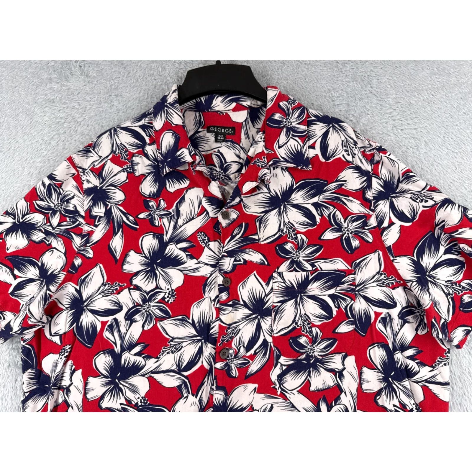 George George Shirt Adult XL Red Hawaiian Floral Short Sleeve Button-Up Cotton Mens Size US XL / EU 56 / 4 - 4 Thumbnail