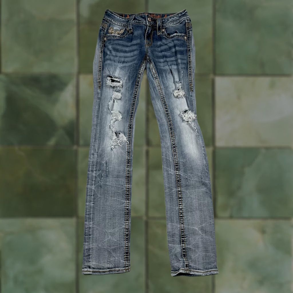 Vintage Rock Revival Jeans Womens 24 Blue Straight Distressed Embellished Flap Pockets Denim Medium Wash 32in Zip Mens? Wait. Size 42" / US 20 - 1 Thumbnail