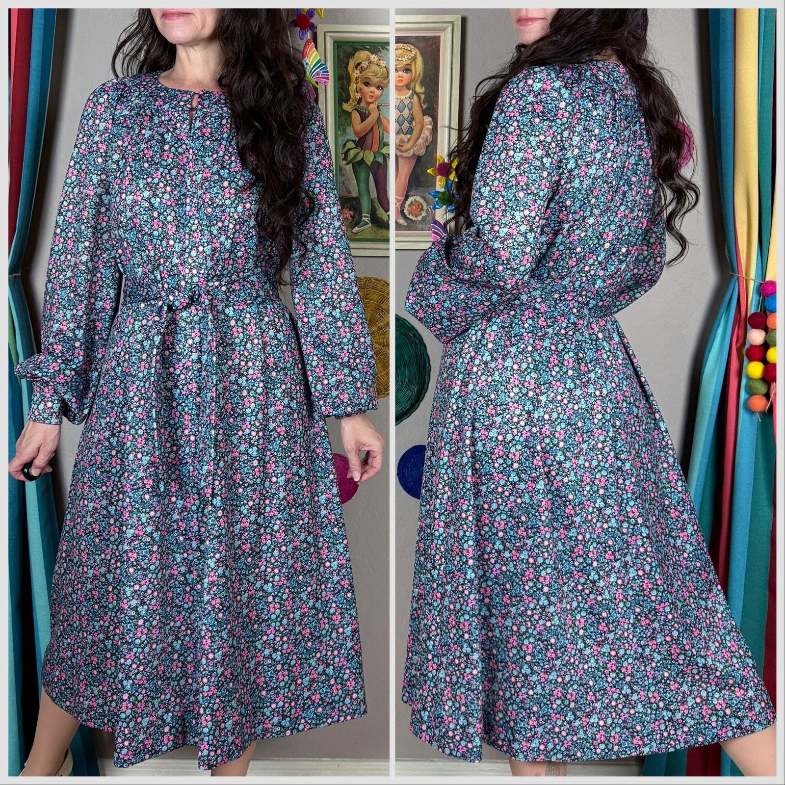 1960s Blue & Pink Ditsy Floral Long Sleeve Belted Midi Dress Midi Dresses