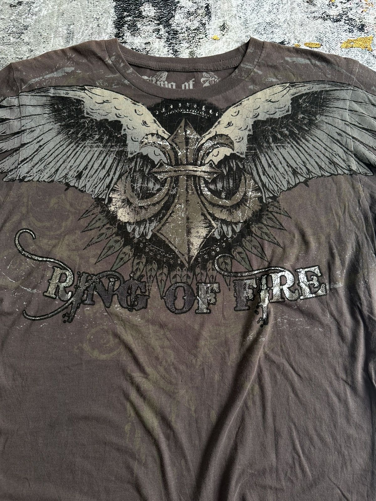 Japanese Brand AFFLICTION STYLE JAPANESE RING OF FIRE WING CROSS TSHIRT Size US M / EU 48-50 / 2 - 2 Thumbnail