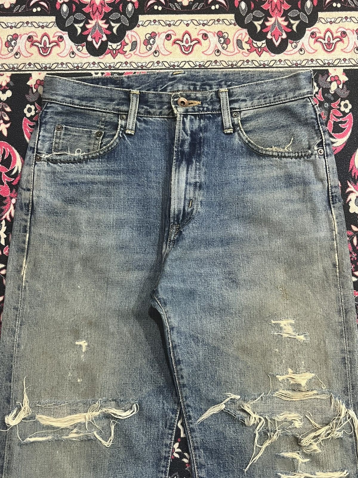 No Faith Studios Edwin 505XX Blue Faded Washed Distressed Selvedge Jeans Size US 29 - 4 Thumbnail