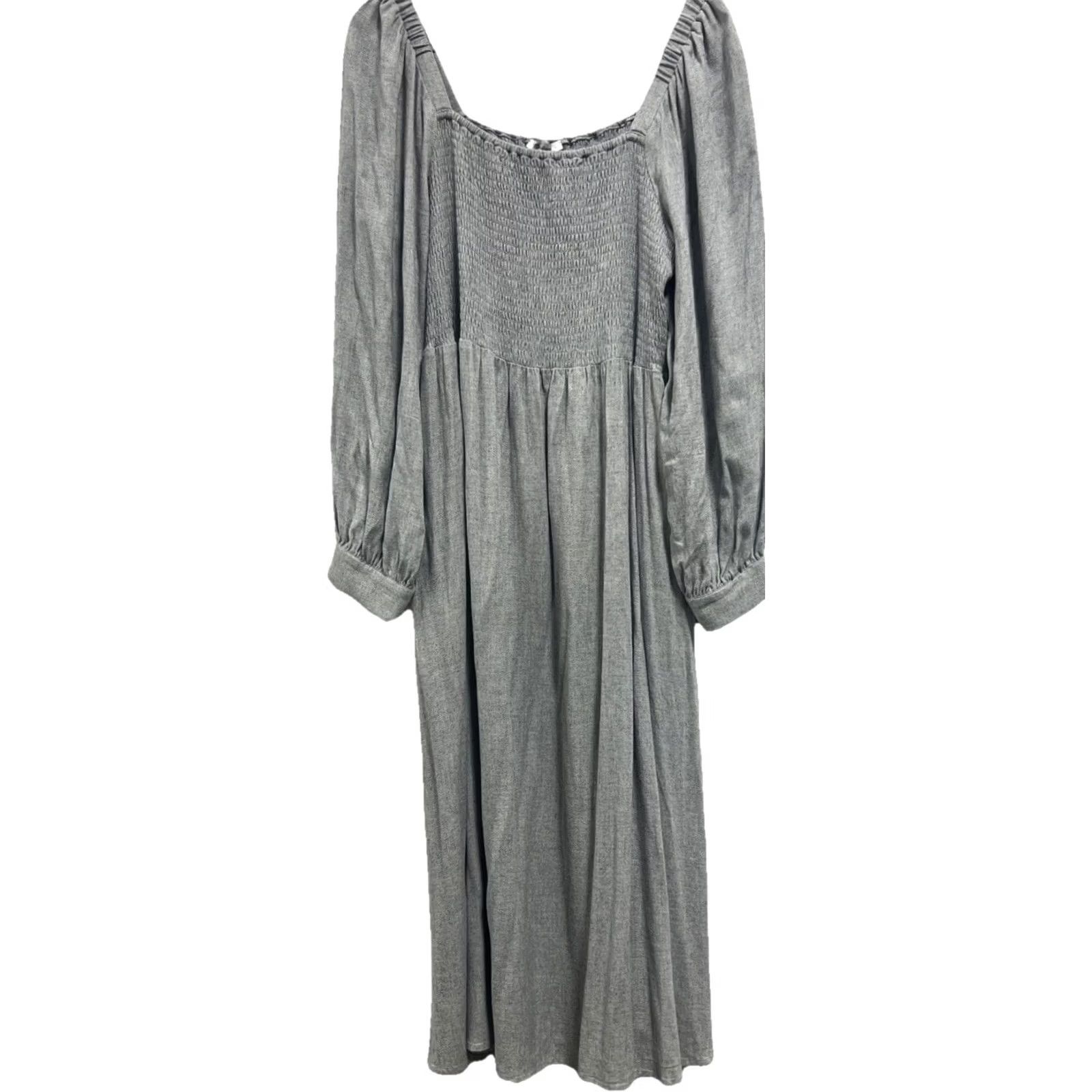 Madewell Madewell Women’s XXL Gray Smocked Midi Dress Puff Sleeve Prairie Cottagecore Size XXL / US 16-18 / IT 52-54 - 2 Thumbnail