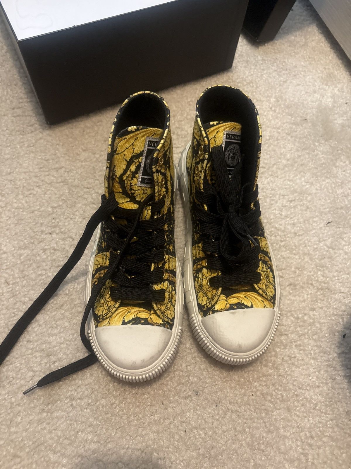 Versace Hightop black , gold , and yellow shoes Size US 7 / IT 37 - 4 Thumbnail