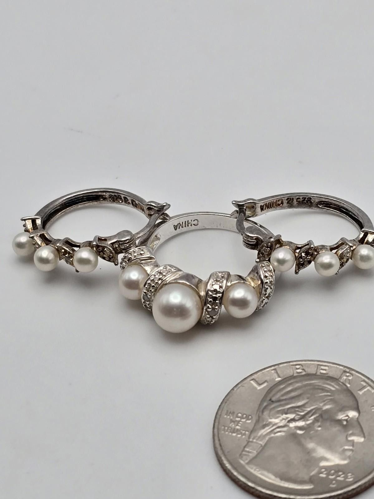 The Unbranded Brand Sterling Silver Ring Hoop Earrings Set with Real Pearls 6.75 Size ONE SIZE - 5 Thumbnail