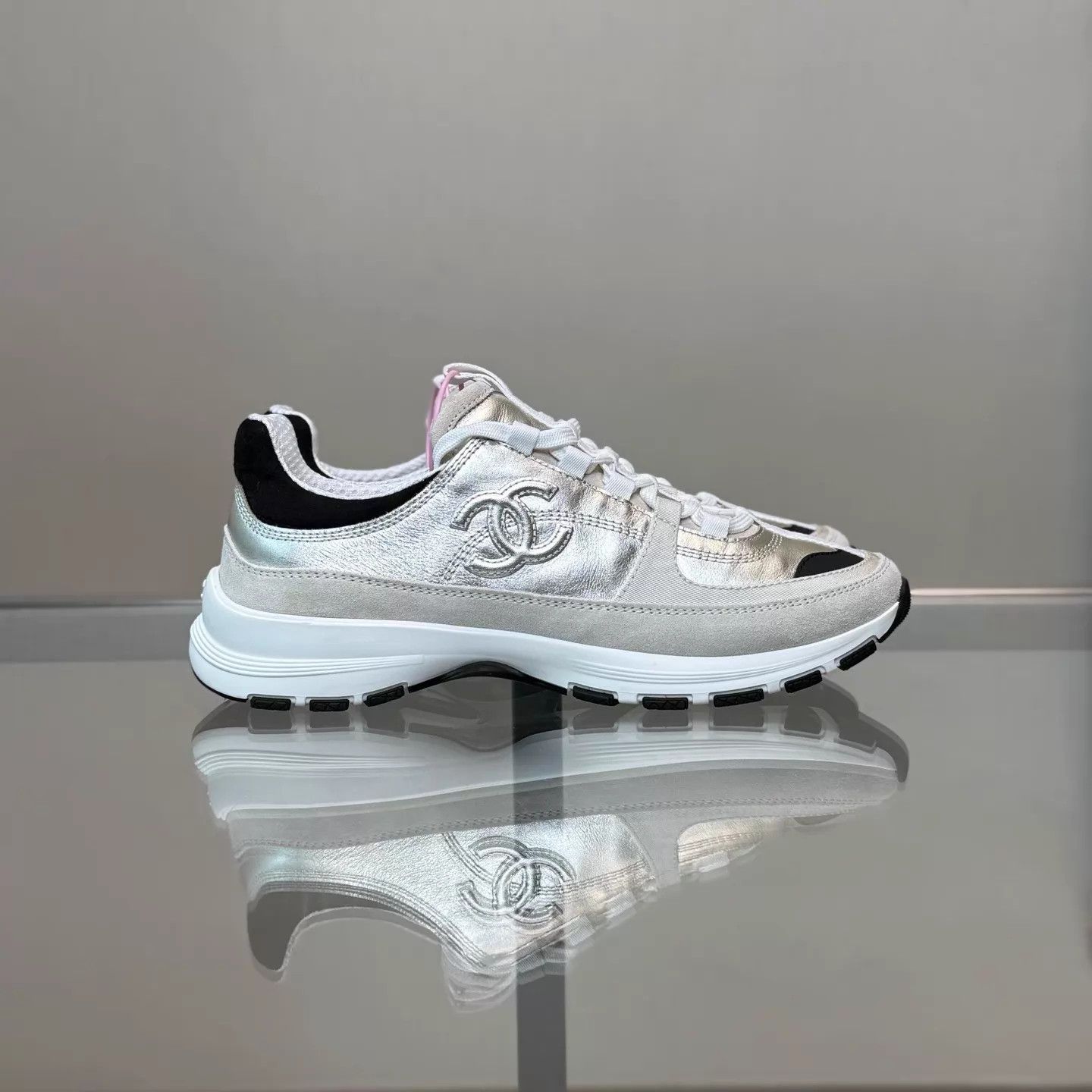 Chanel Chanel 25A Silver Women's 38 Sneakers (New Unworn) Size US 7.5 / IT 37.5 - 3 Thumbnail