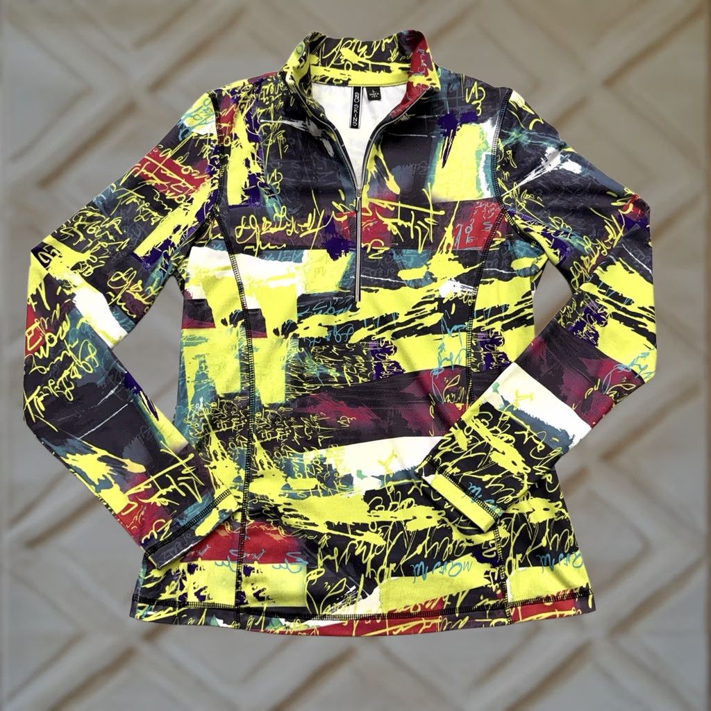 Vintage SNO SKINS Pullover 1/4 Zip Top Graffiti Print Yellow Black Red Women's Size L Shirt Adult Womens Size L / US 10 / IT 46 - 1 Thumbnail